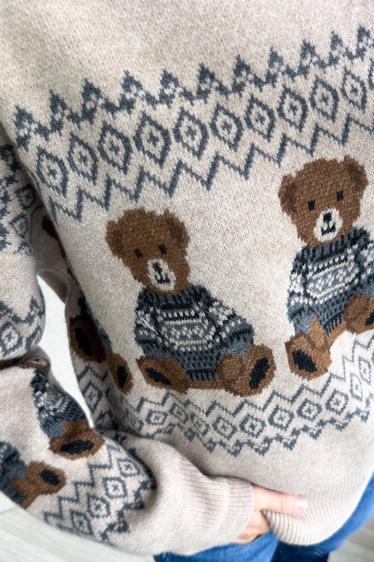 Light Mocha Bear Pattern Crewneck Knit Sweater