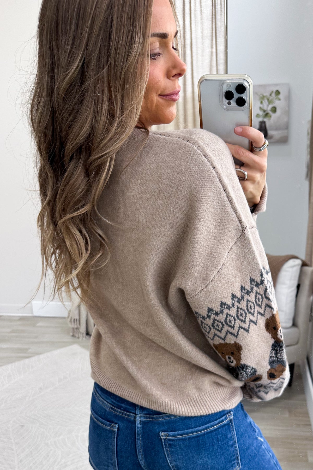 Light Mocha Bear Pattern Crewneck Knit Sweater