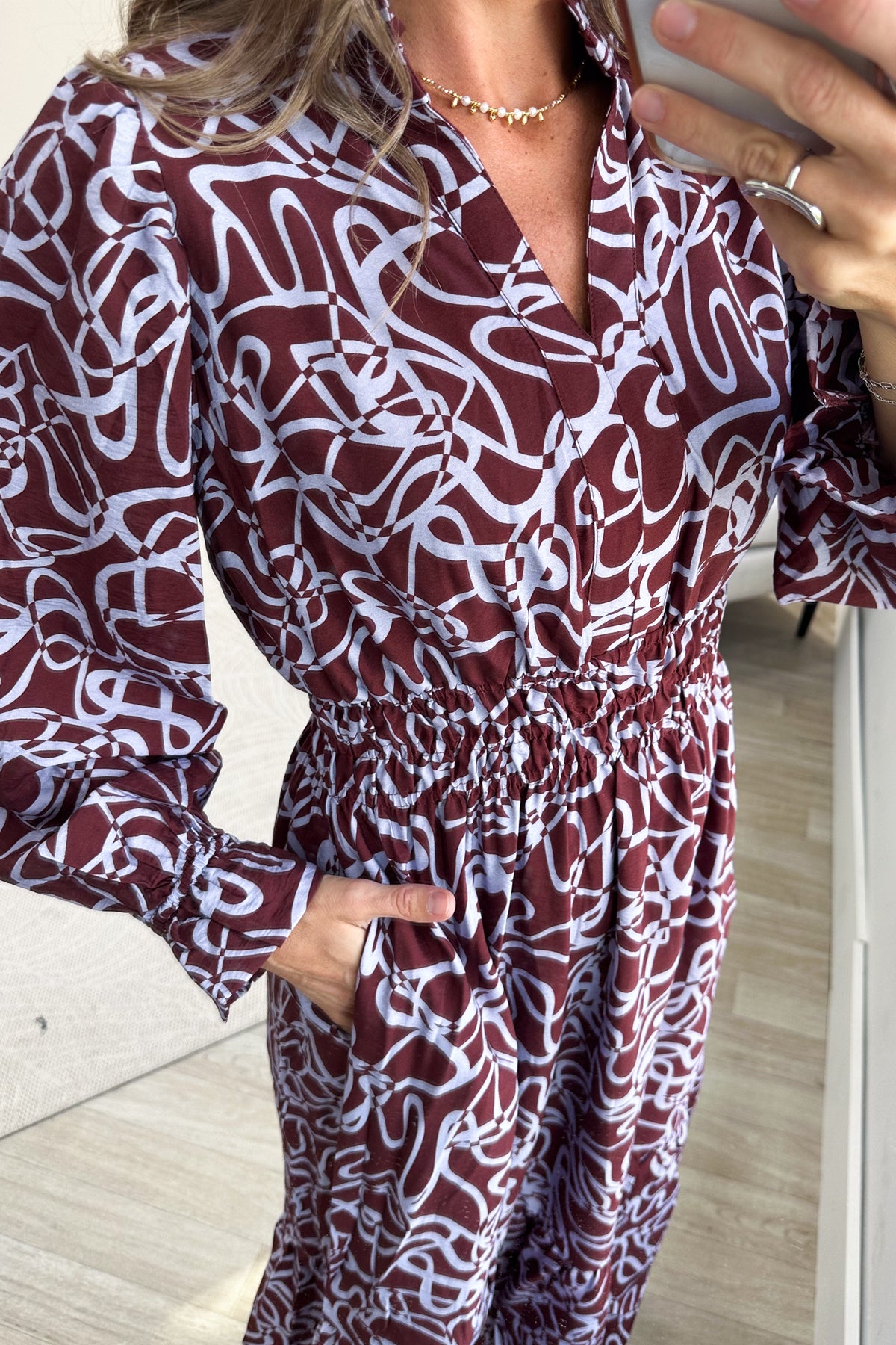 Chestnut Abstract Print Smocked Tiered Midi Dress