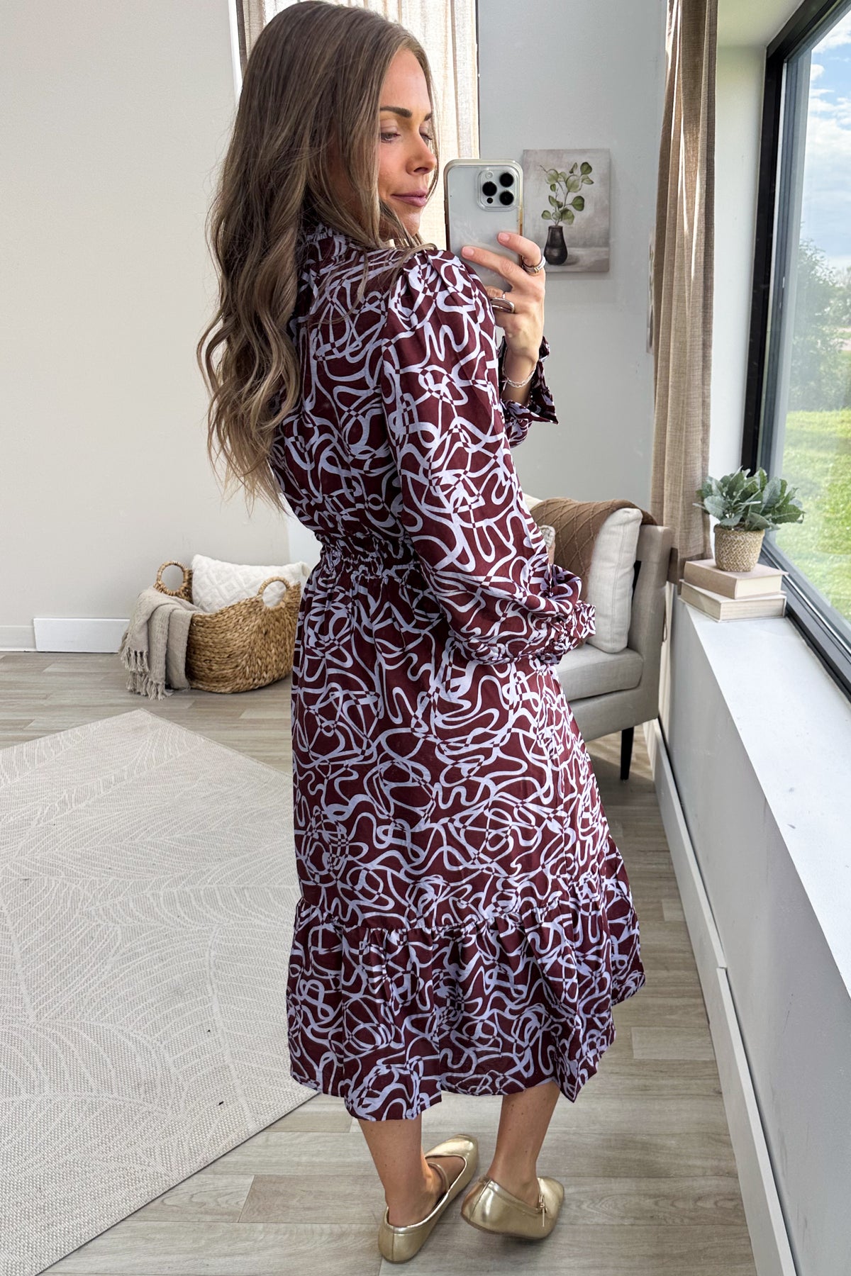 Chestnut Abstract Print Smocked Tiered Midi Dress
