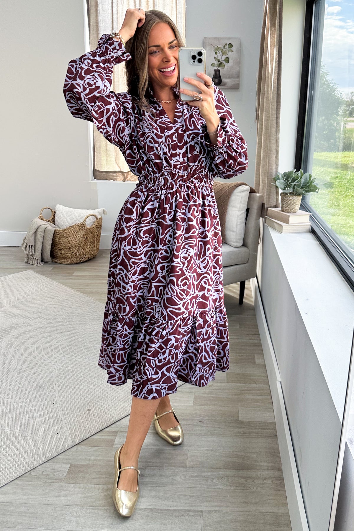 Chestnut Abstract Print Smocked Tiered Midi Dress