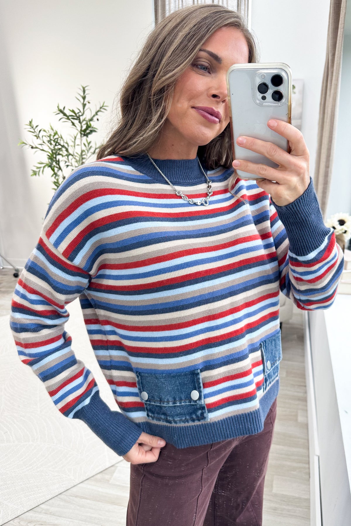 Navy Stripe Denim Pocket Sweater
