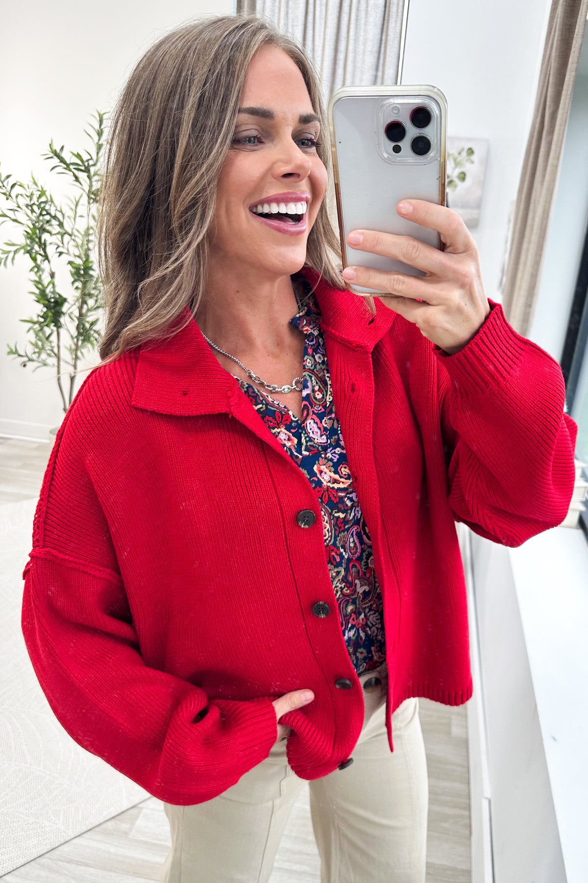 Red High Neck Relaxed Button Cardigan