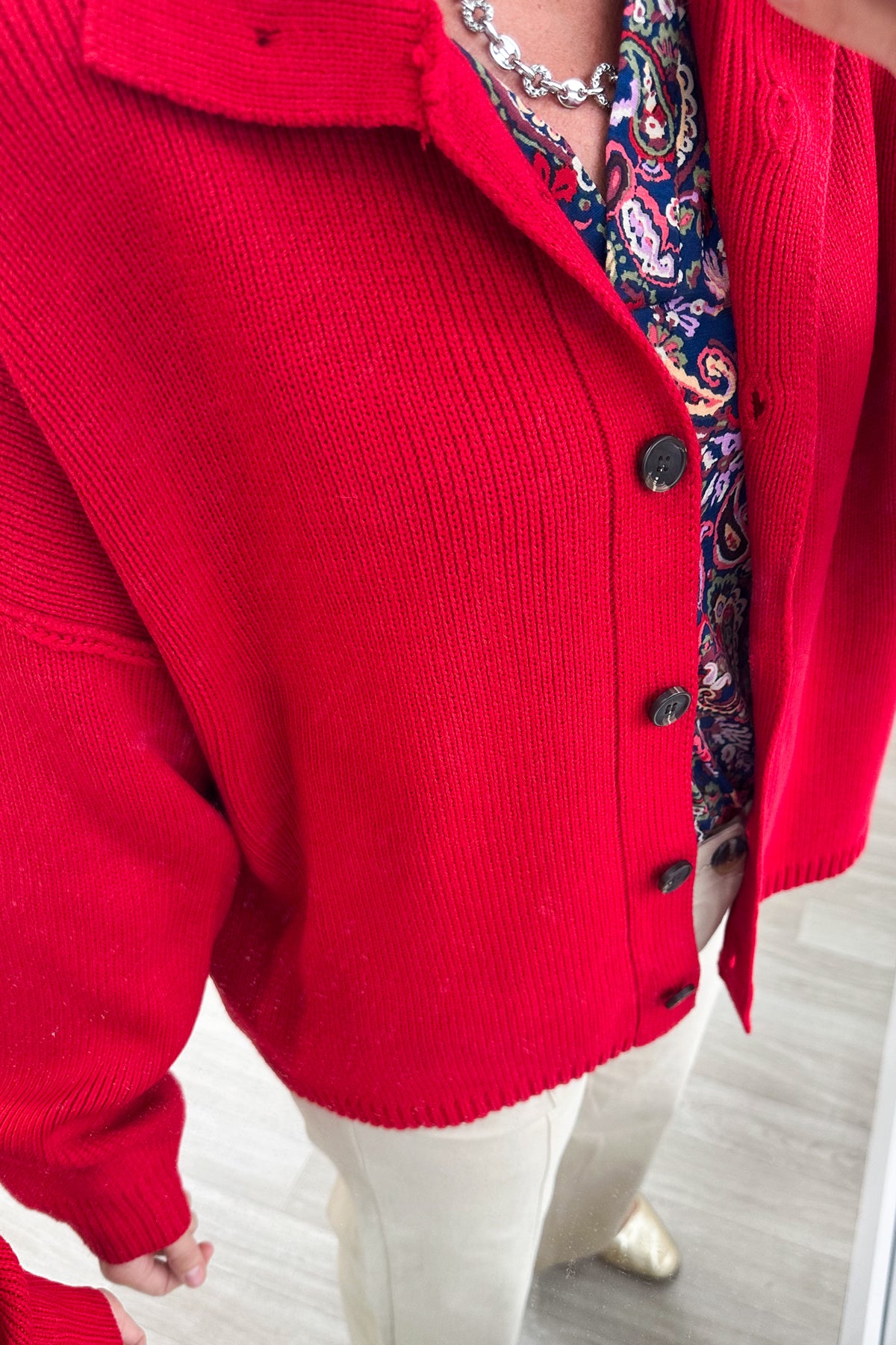 Red High Neck Relaxed Button Cardigan