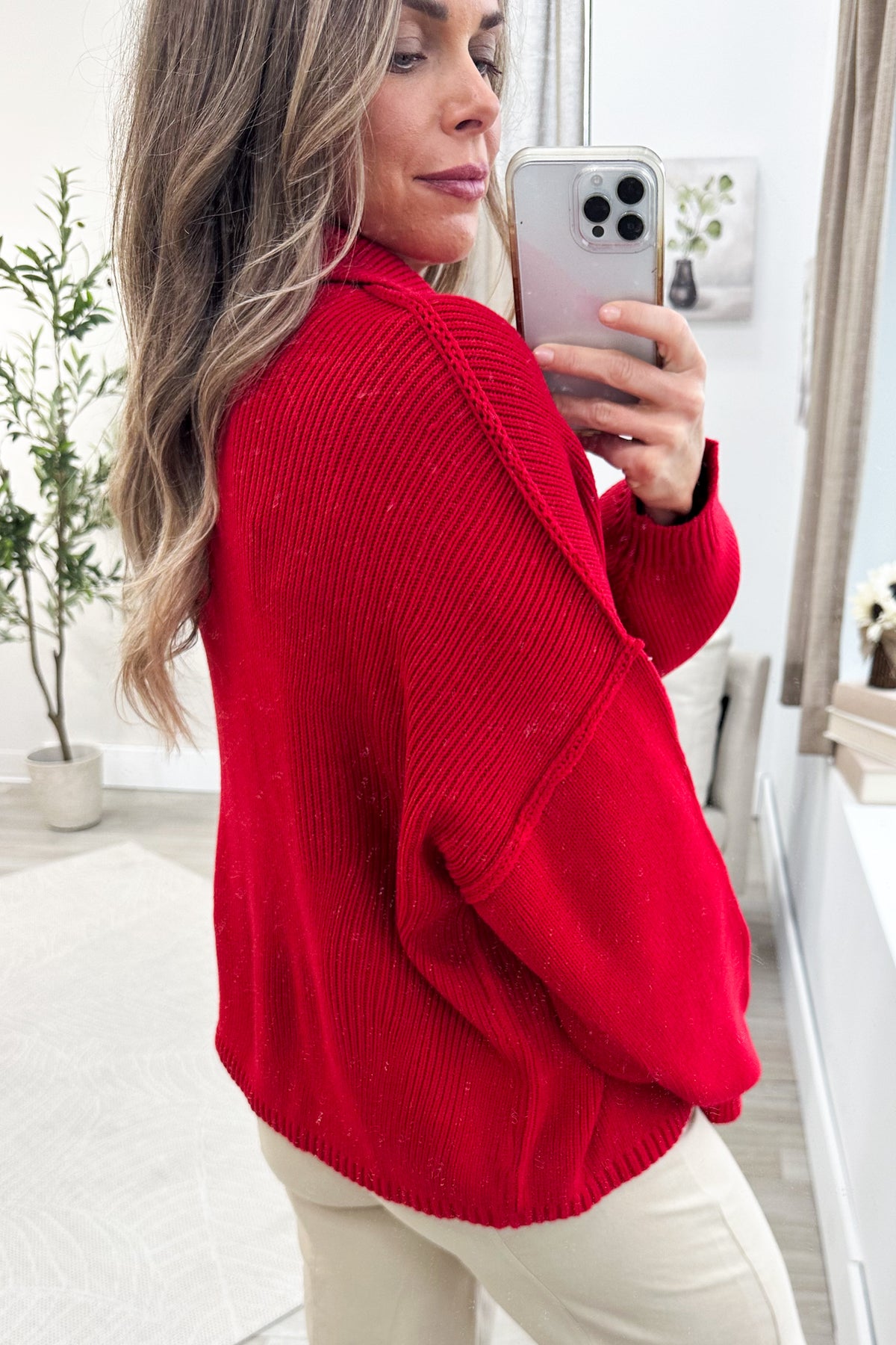 Red High Neck Relaxed Button Cardigan