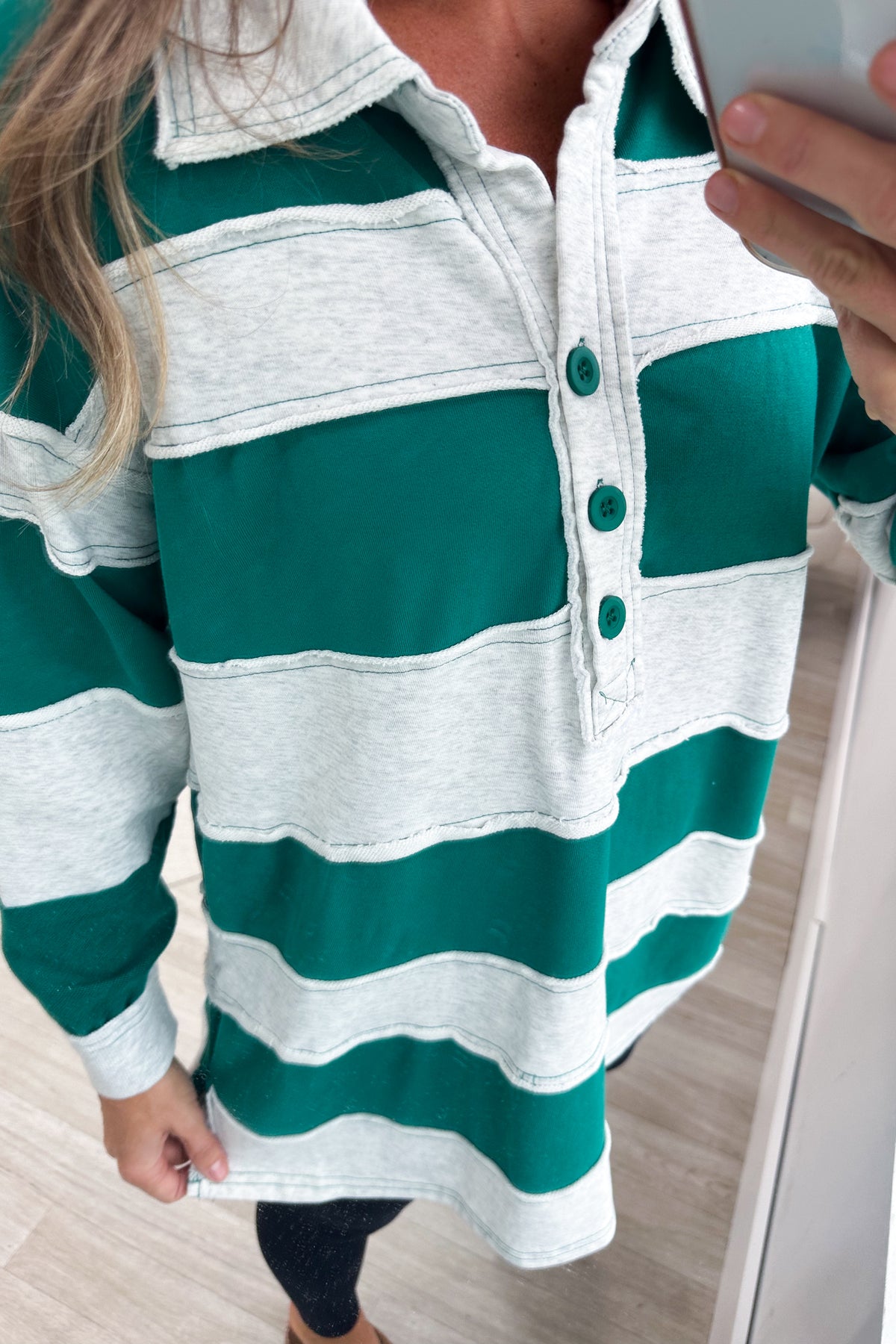 Green And Grey Striped Ruby Polo Knit Top