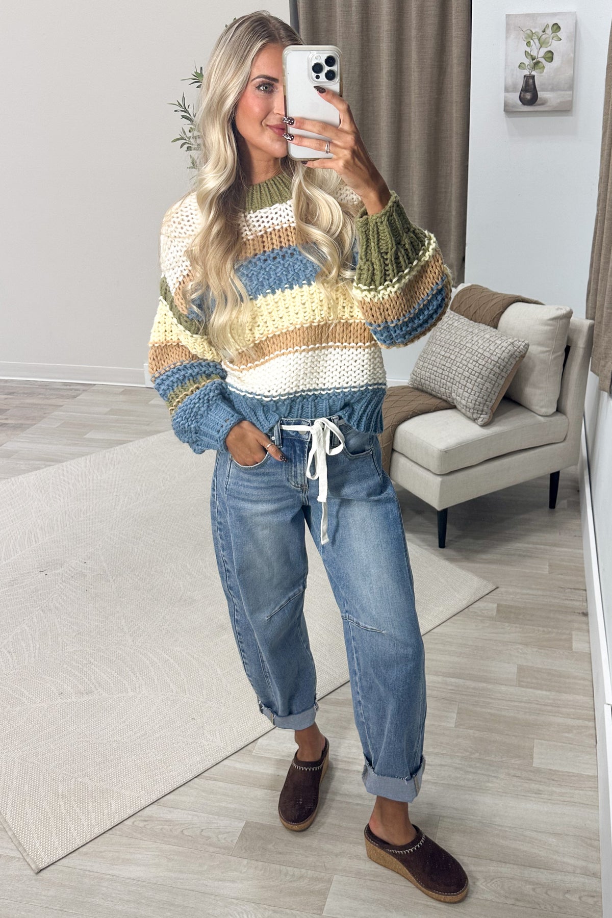 Dusty Blue Multi-colored Striped Crochet Sweater