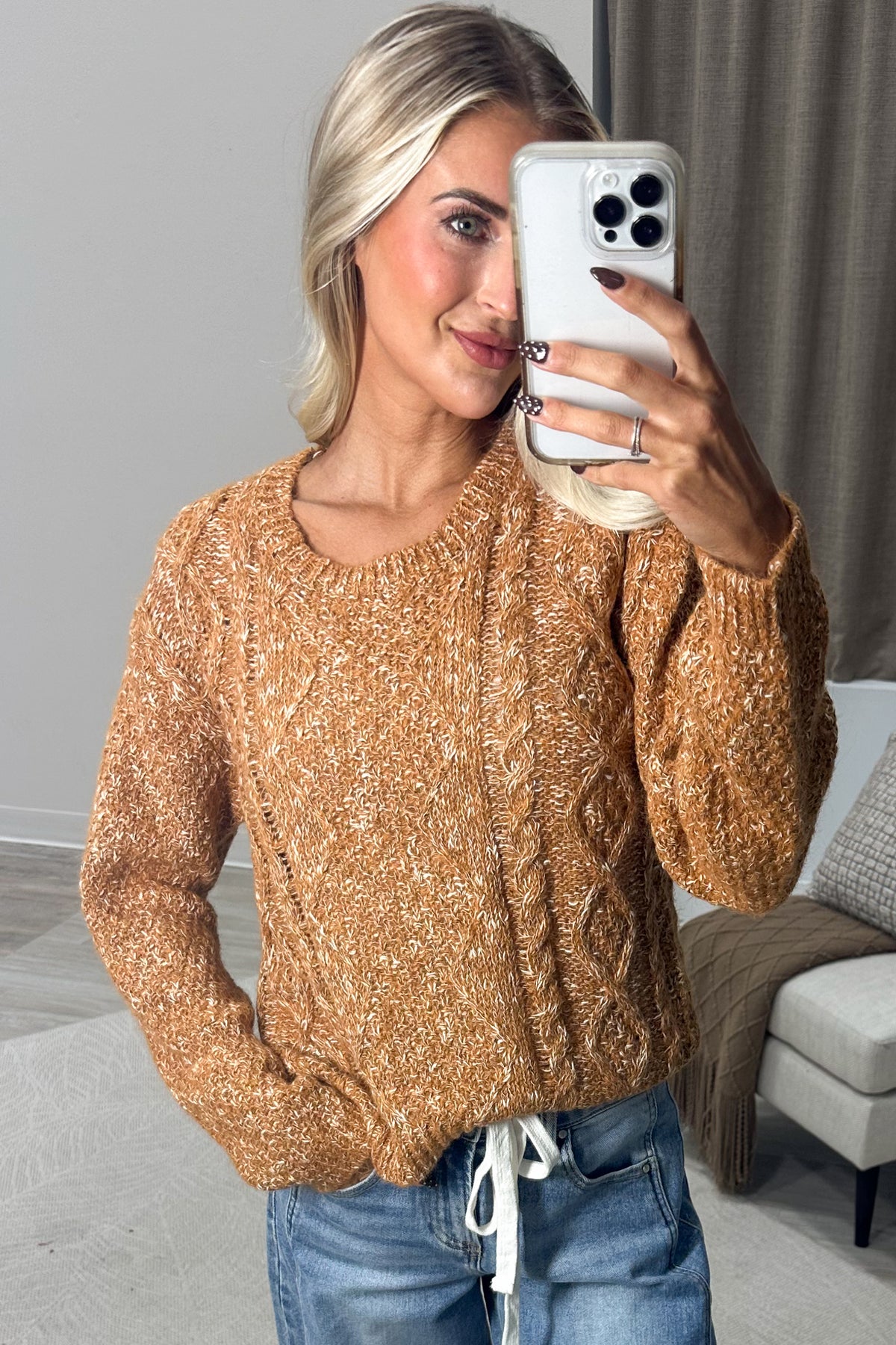 Heathered Cinnamon Marled Cable Knit Sweater