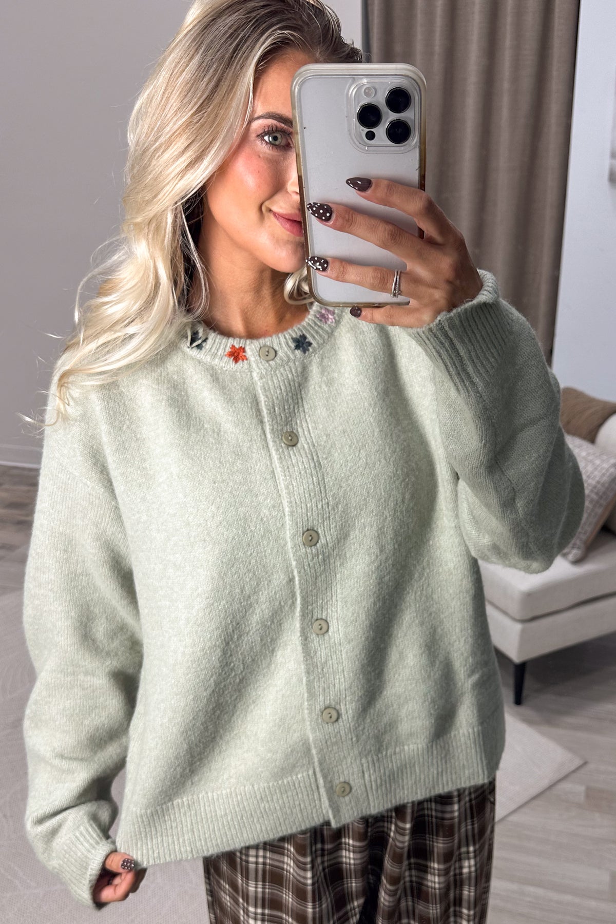 Sage With Embroidery Collar Button Up Cardigan