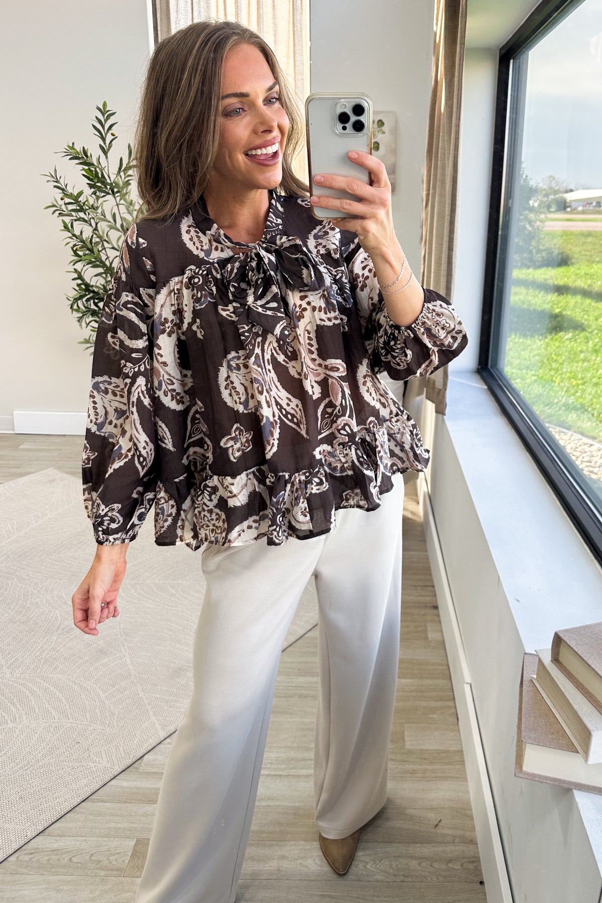 Brown Paisley Print Woven Top With Ruffle Trim