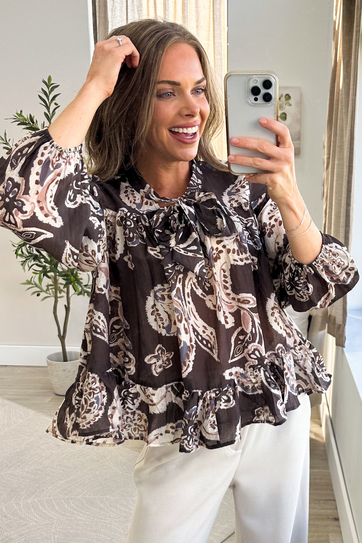 Brown Paisley Print Woven Top With Ruffle Trim