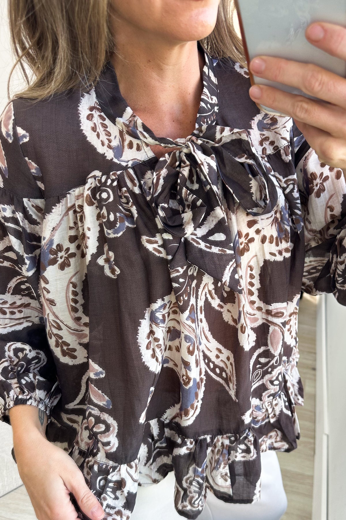Brown Paisley Print Woven Top With Ruffle Trim