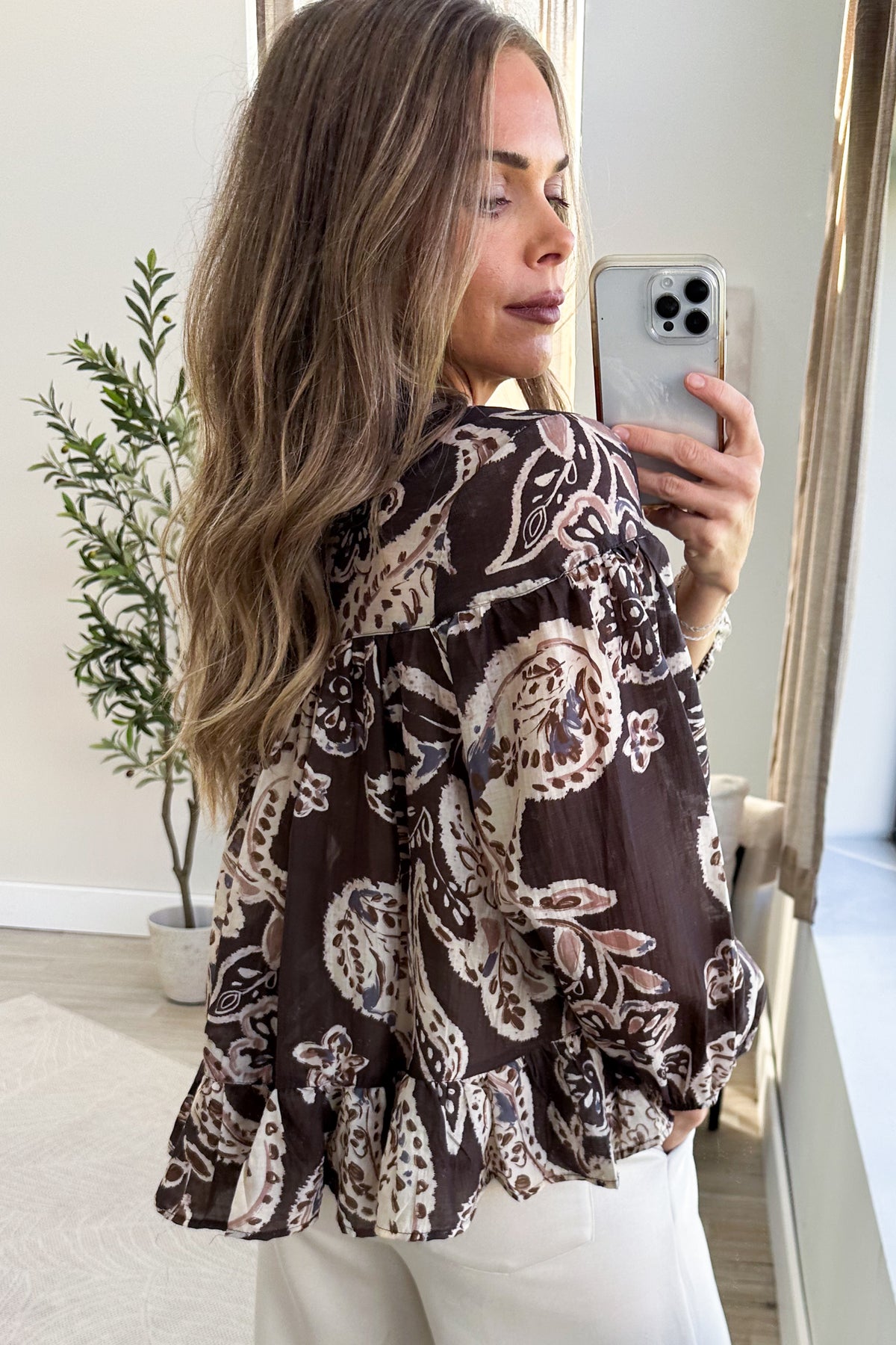 Brown Paisley Print Woven Top With Ruffle Trim
