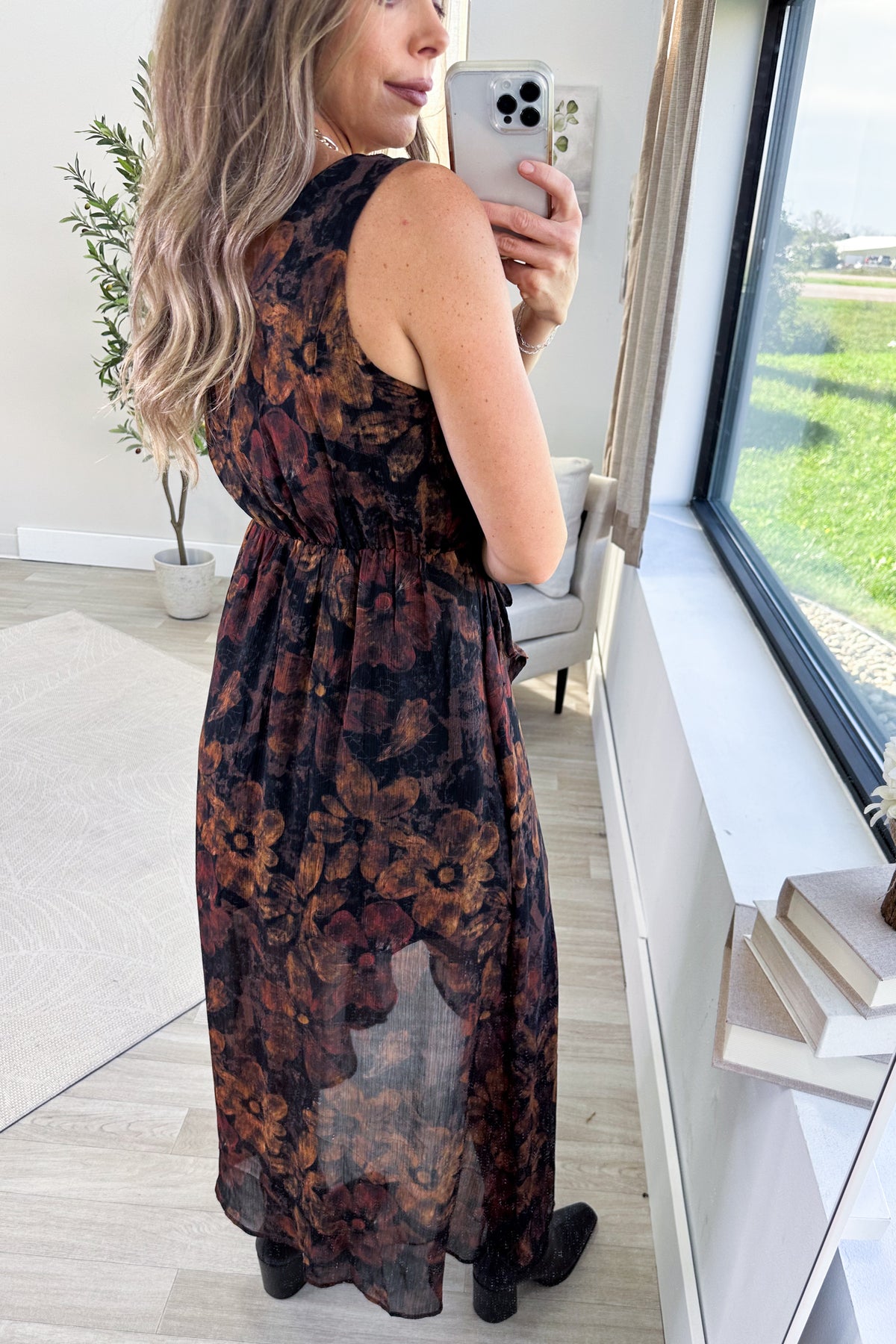 Black Floral Wrap High Low Surplice Midi Dress