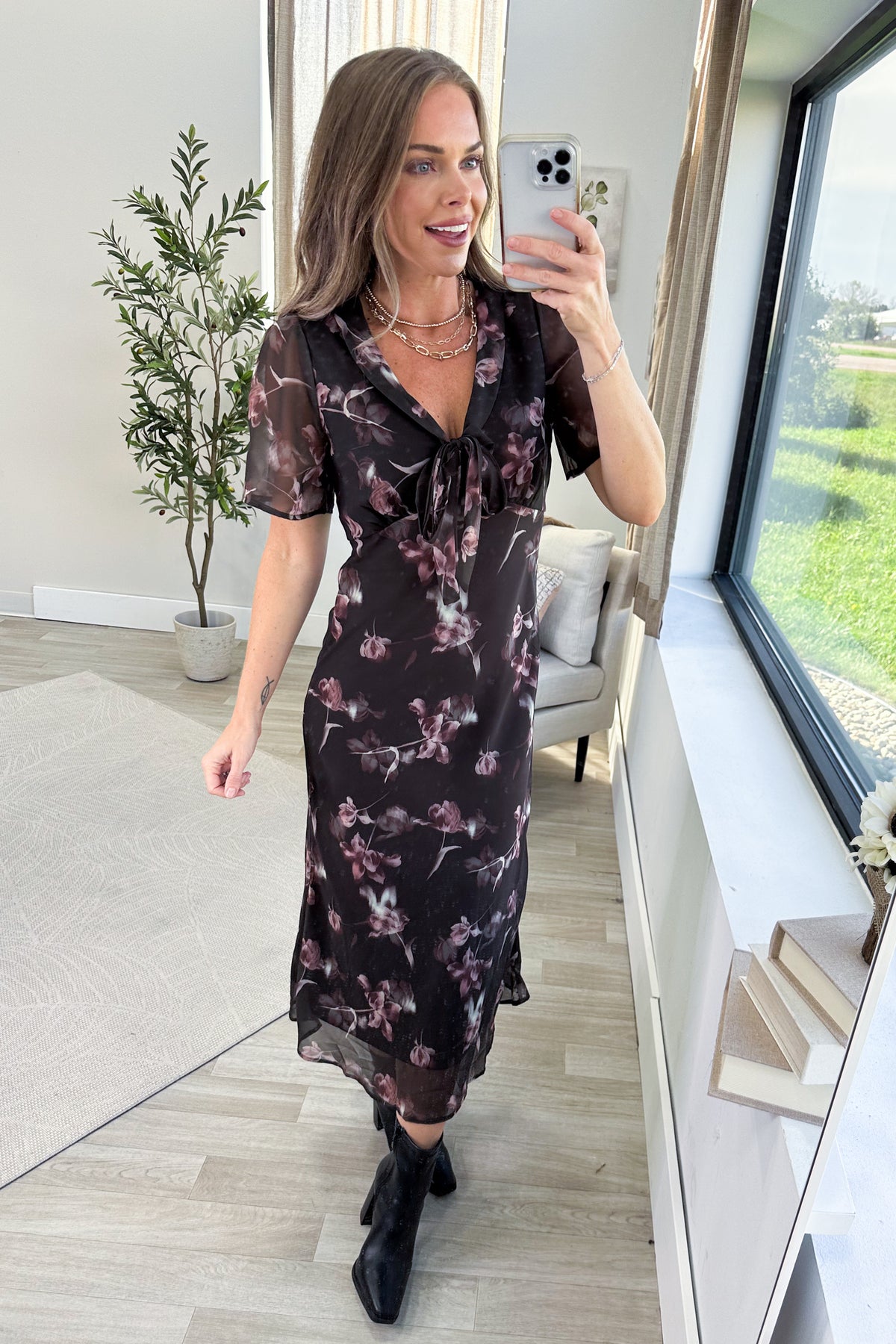 Charcoal Floral Print V-Neck Print Midi Dress