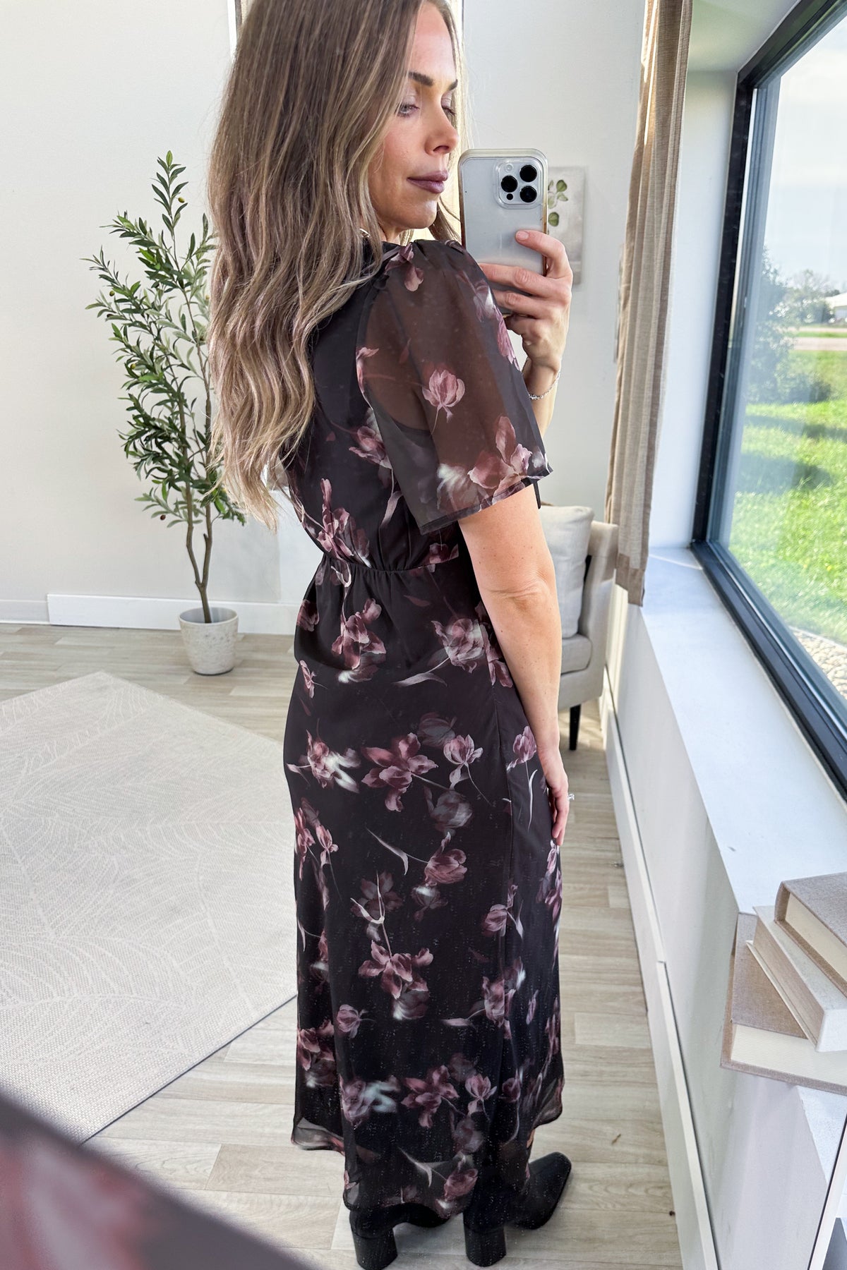 Charcoal Floral Print V-Neck Print Midi Dress
