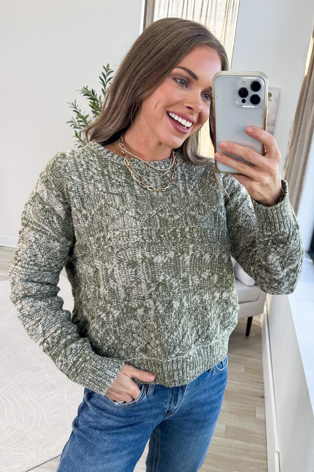 Heathered Olive Cable Knit Crewneck Sweater