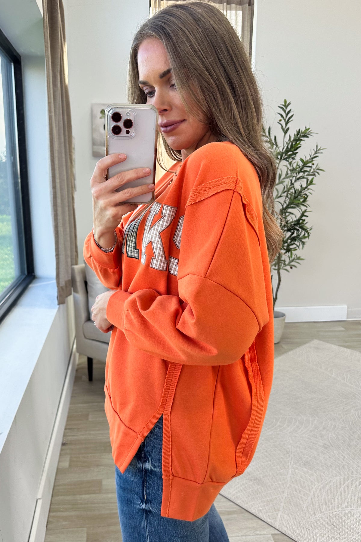 Orange Plaid Thanks Patchwork Pullover Top