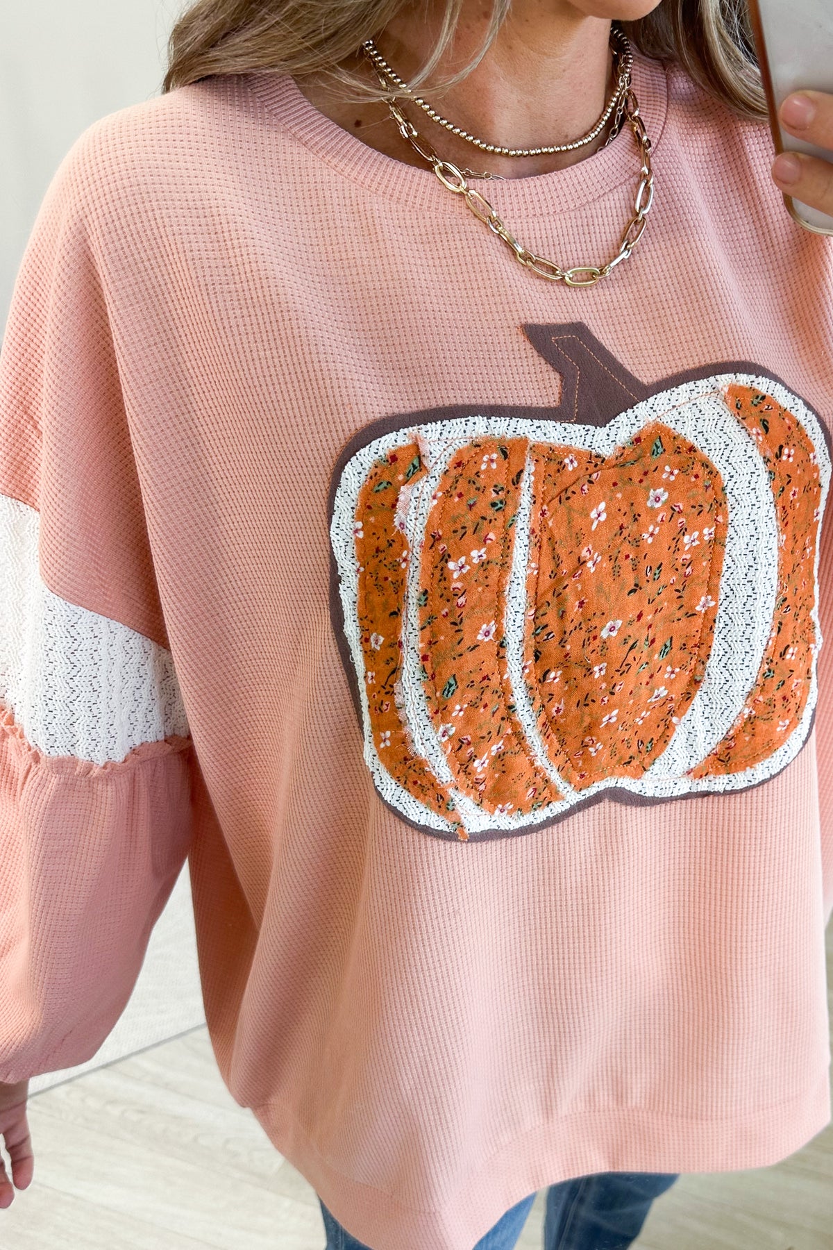 Peach Pumpkin Sequin Patchwork Waffle Knit Top