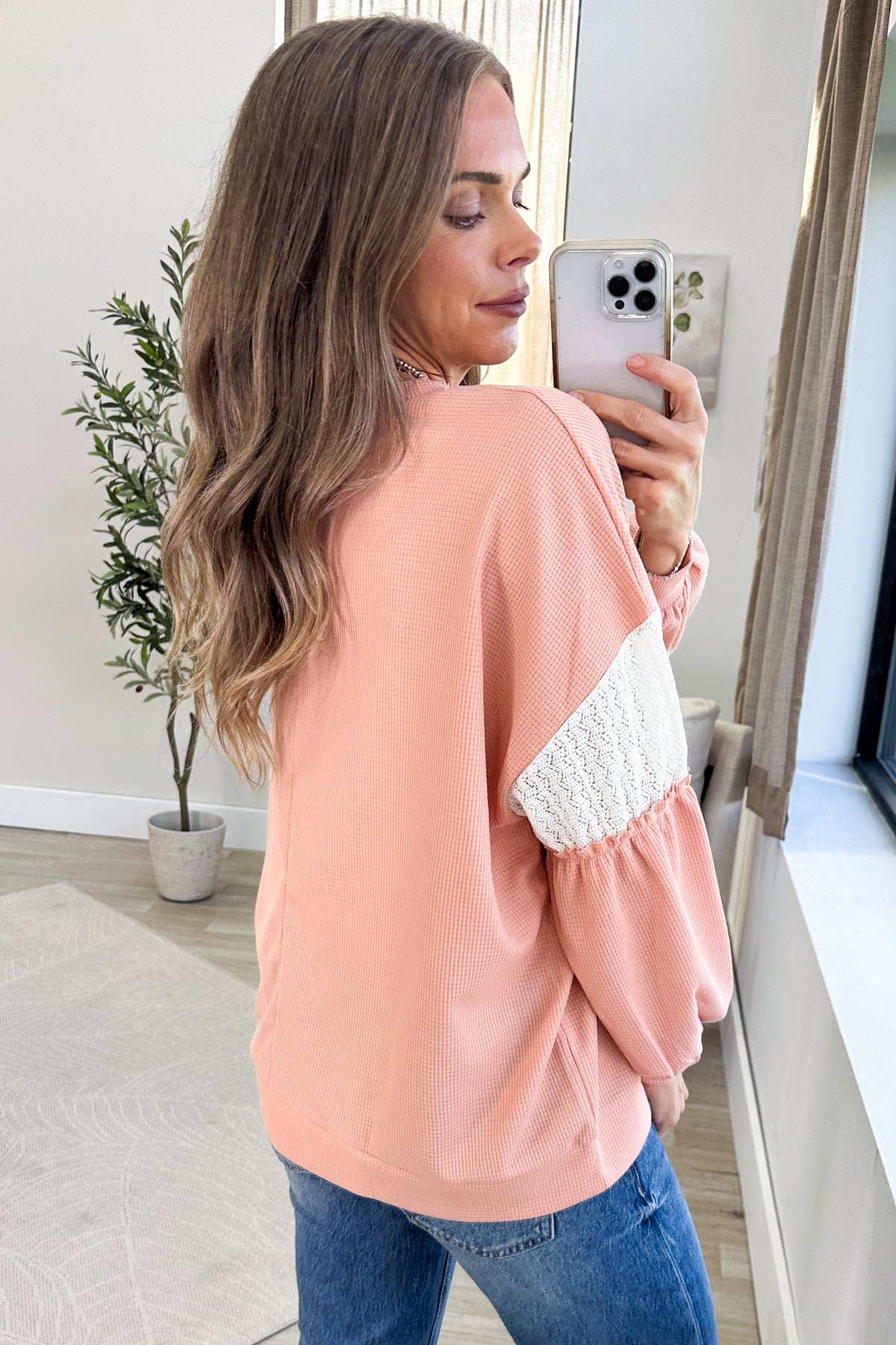 Peach Pumpkin Sequin Patchwork Waffle Knit Top