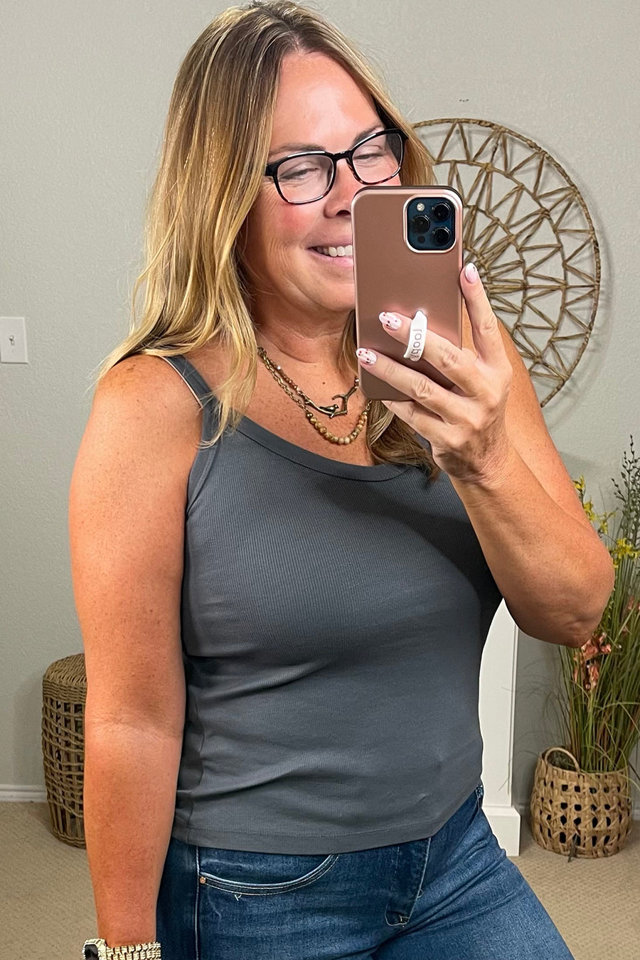 Garment Dyed Cotton Ribbed V-Neck Knit Tank Top