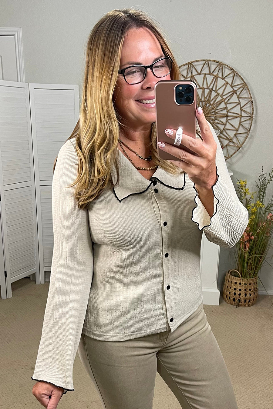 Beige Long Sleeve Button Up Black Trim Knit Top