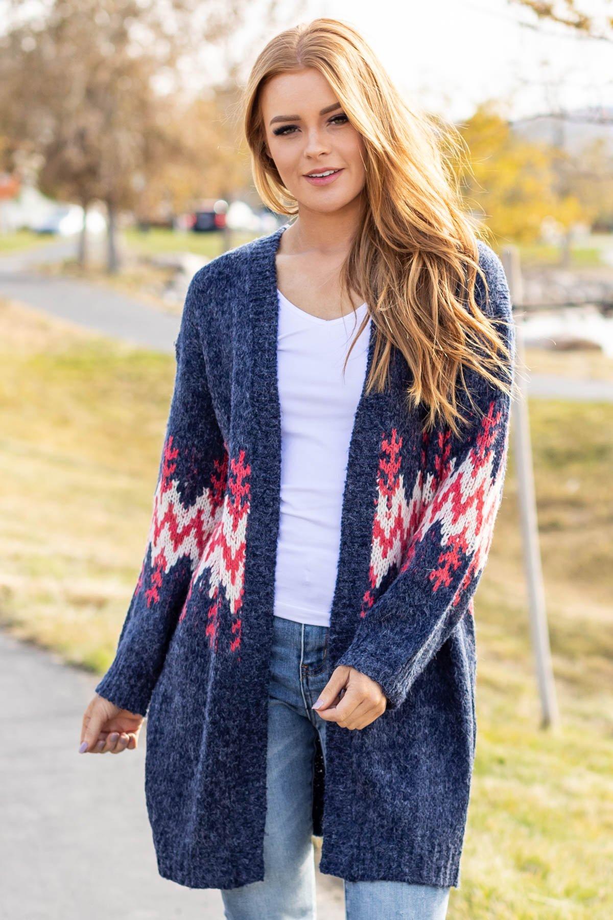 Navy Heathered Cardigan with Chevron Detail - Filly Flair