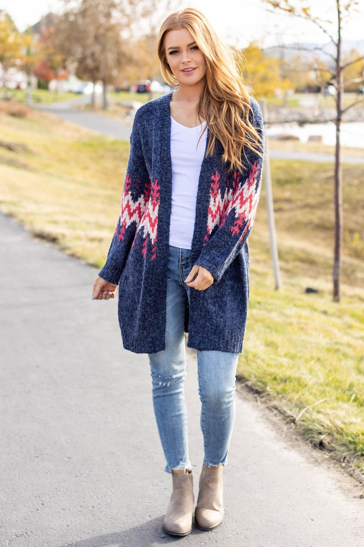 Navy Heathered Cardigan with Chevron Detail - Filly Flair