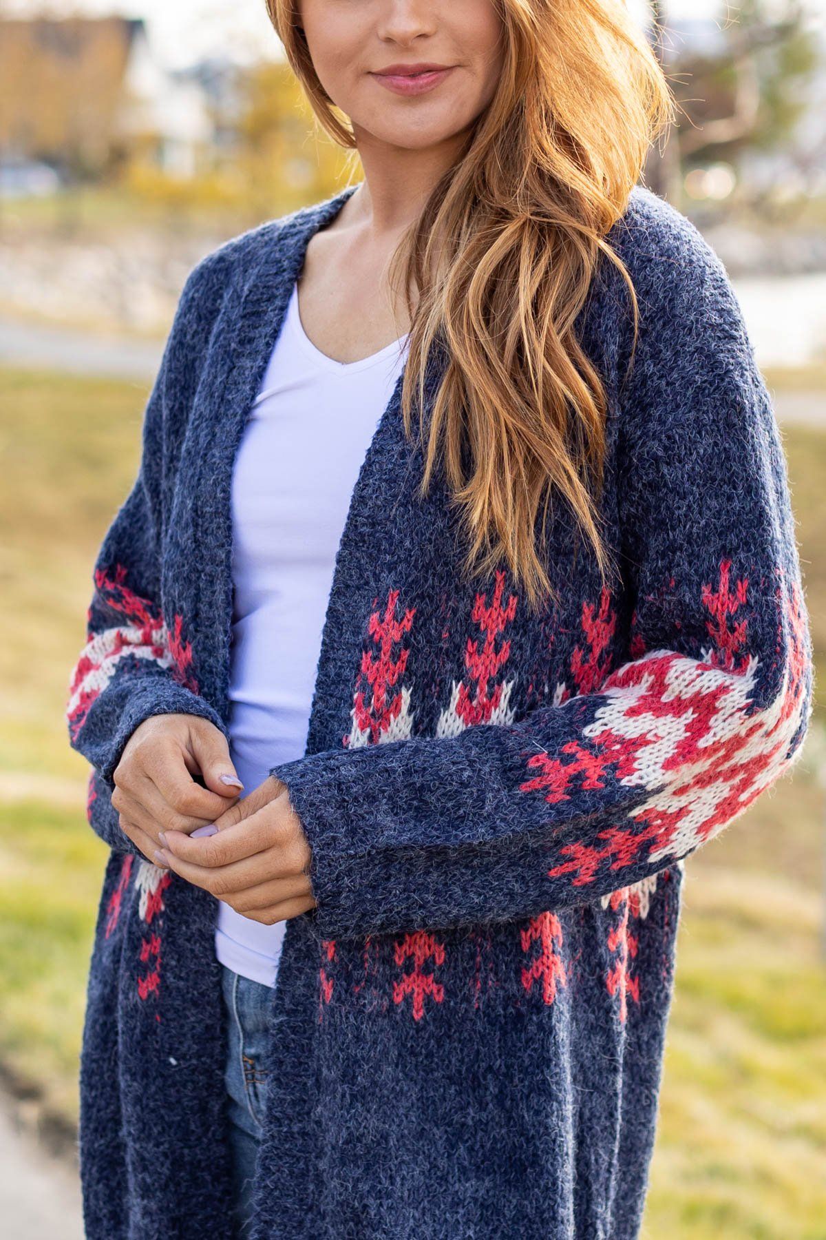 Navy Heathered Cardigan with Chevron Detail - Filly Flair