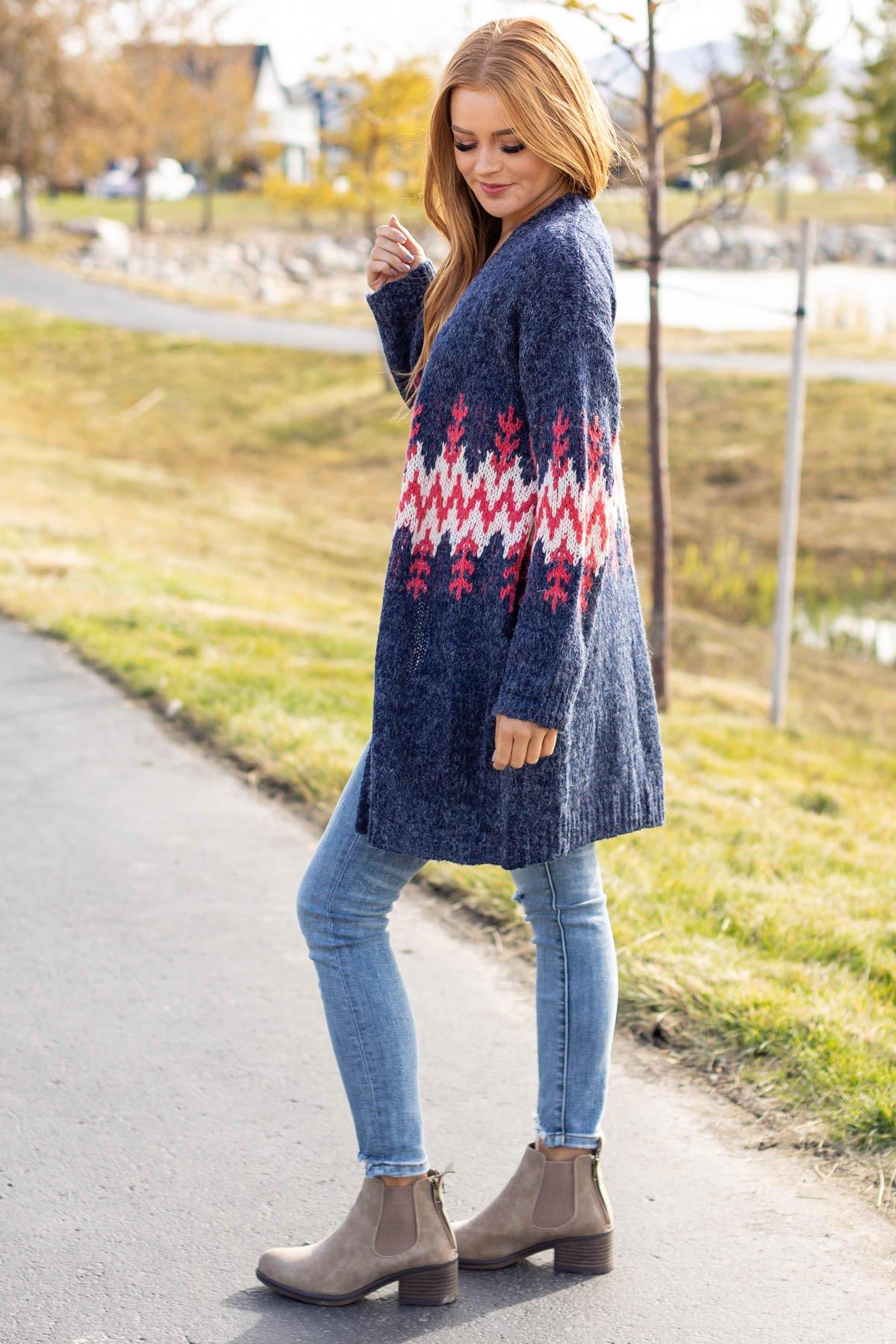 Navy Heathered Cardigan with Chevron Detail - Filly Flair