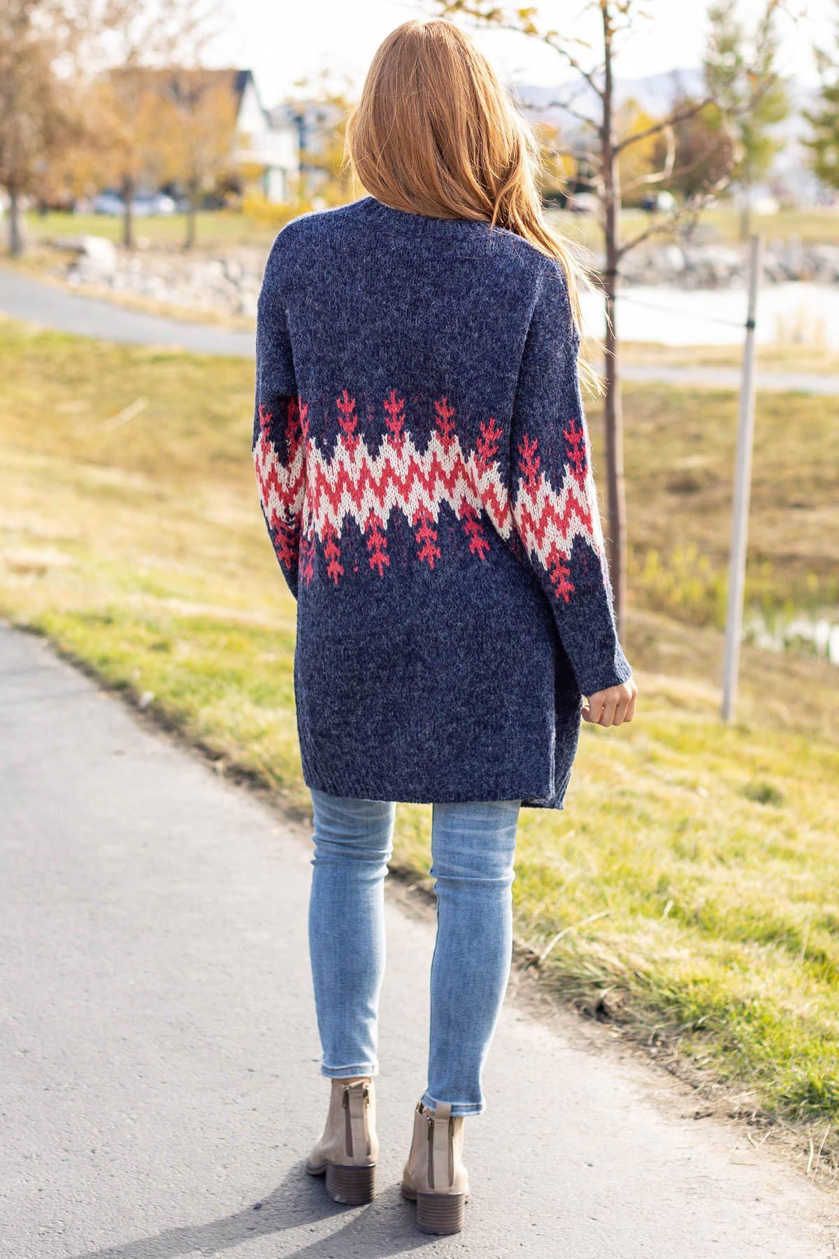 Navy Heathered Cardigan with Chevron Detail - Filly Flair