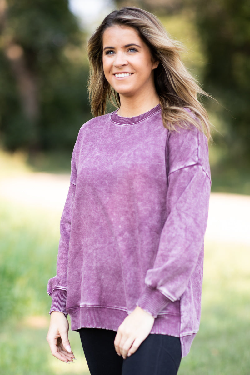 Berry Pigment Dyed Step Hem Sweatshirt - Filly Flair