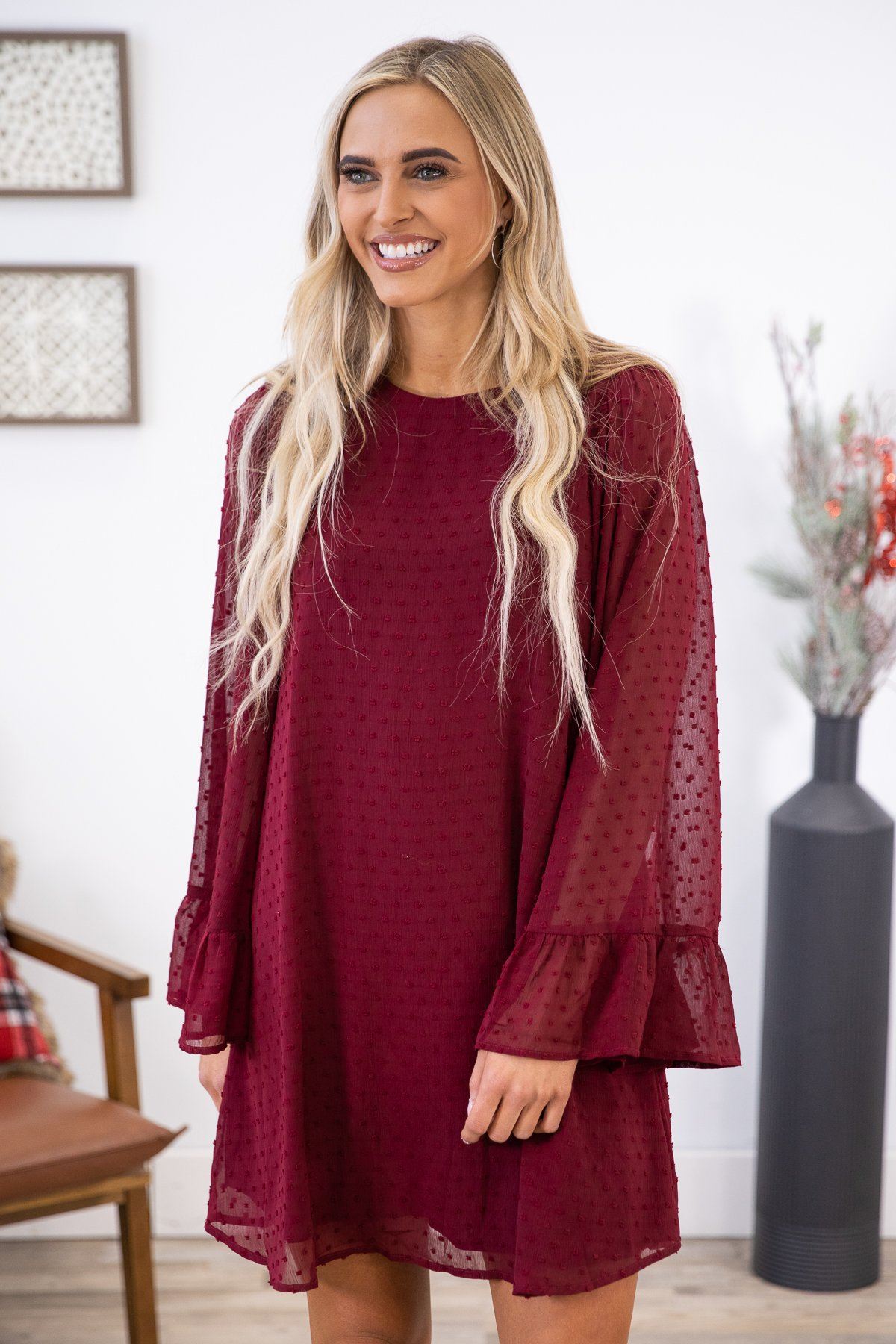 Burgundy Swiss Dot Flare Sleeve Dress - Filly Flair