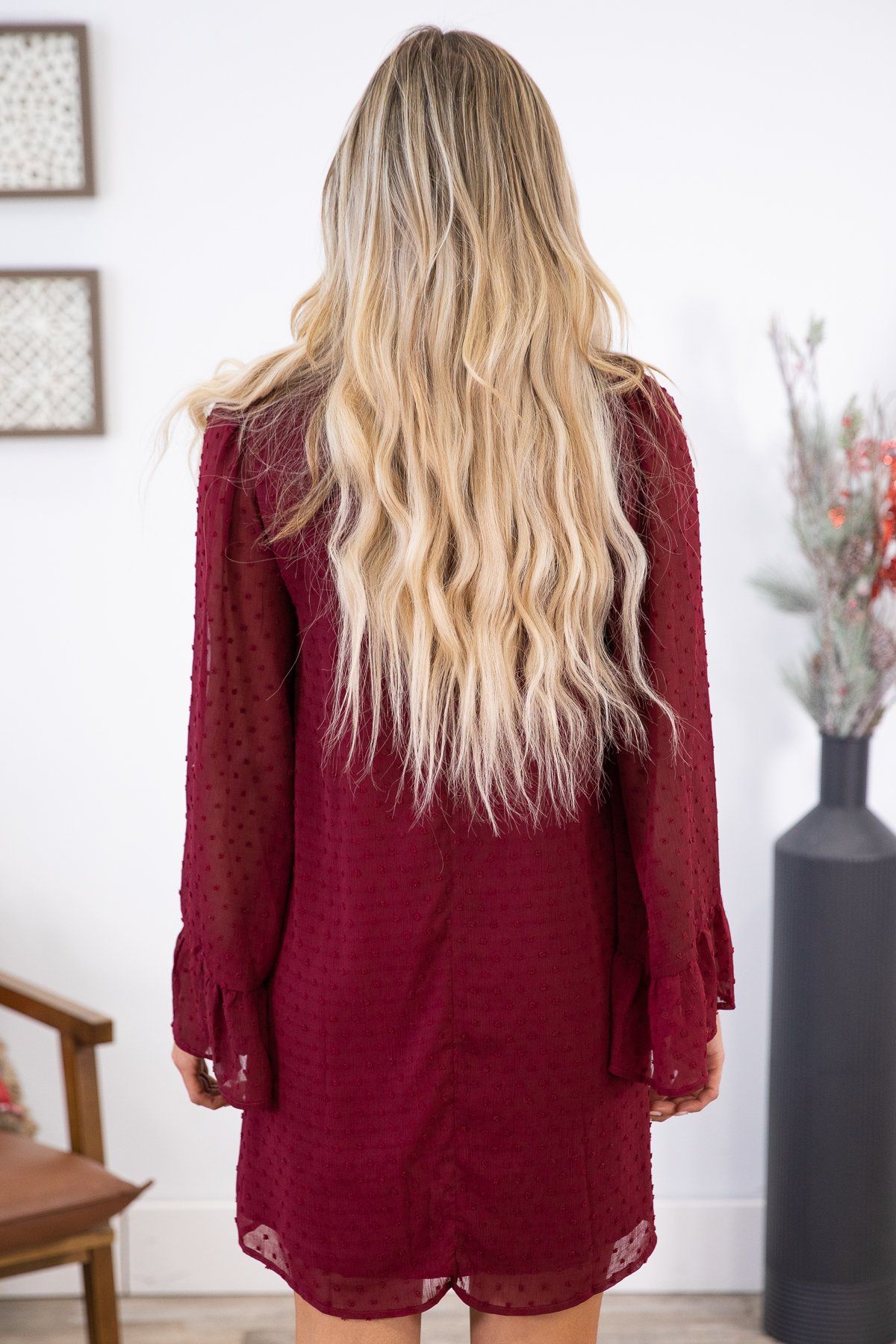 Burgundy Swiss Dot Flare Sleeve Dress - Filly Flair