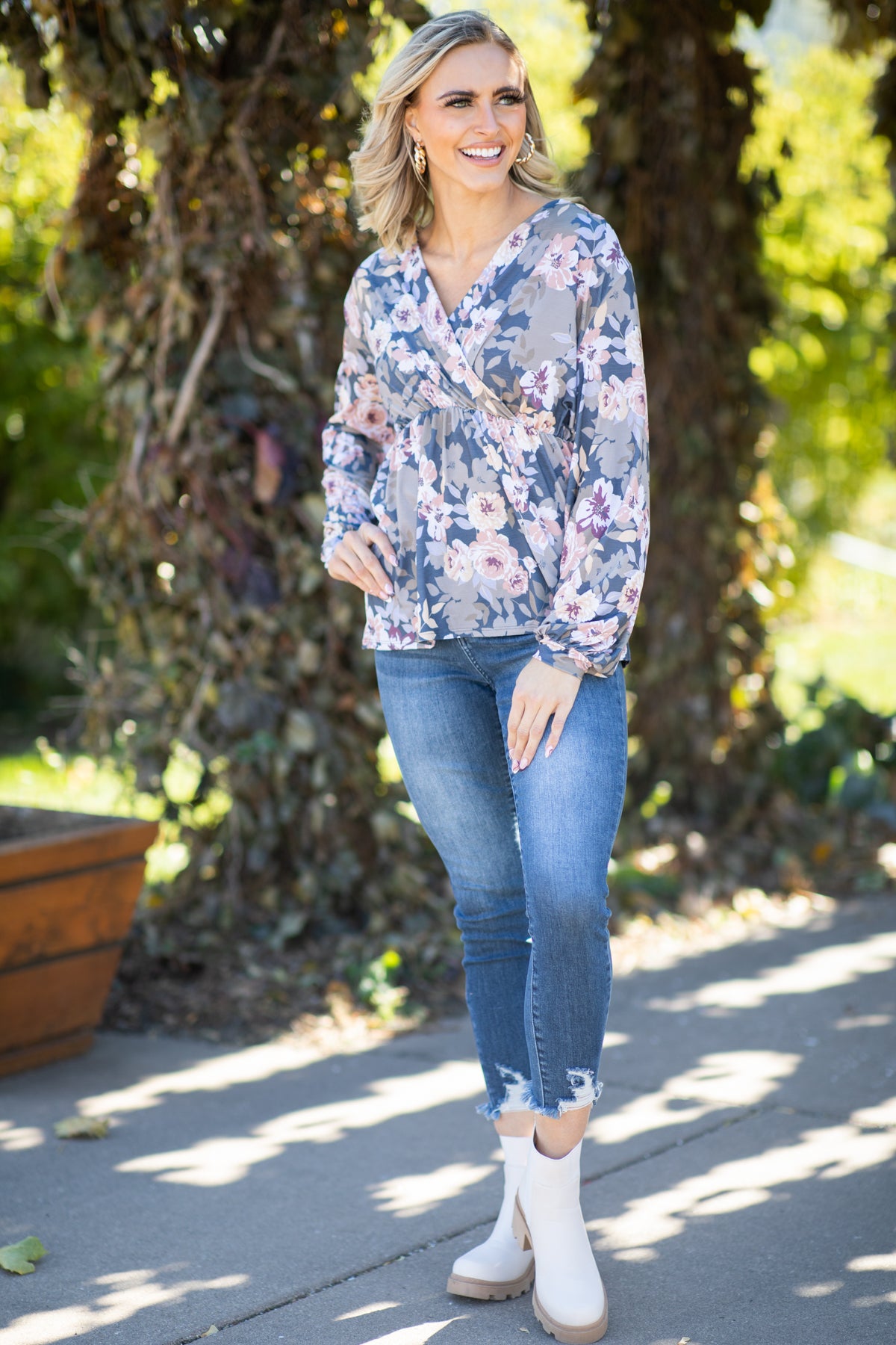 Slate Blue and Dusty Rose Floral Babydoll Top - Filly Flair