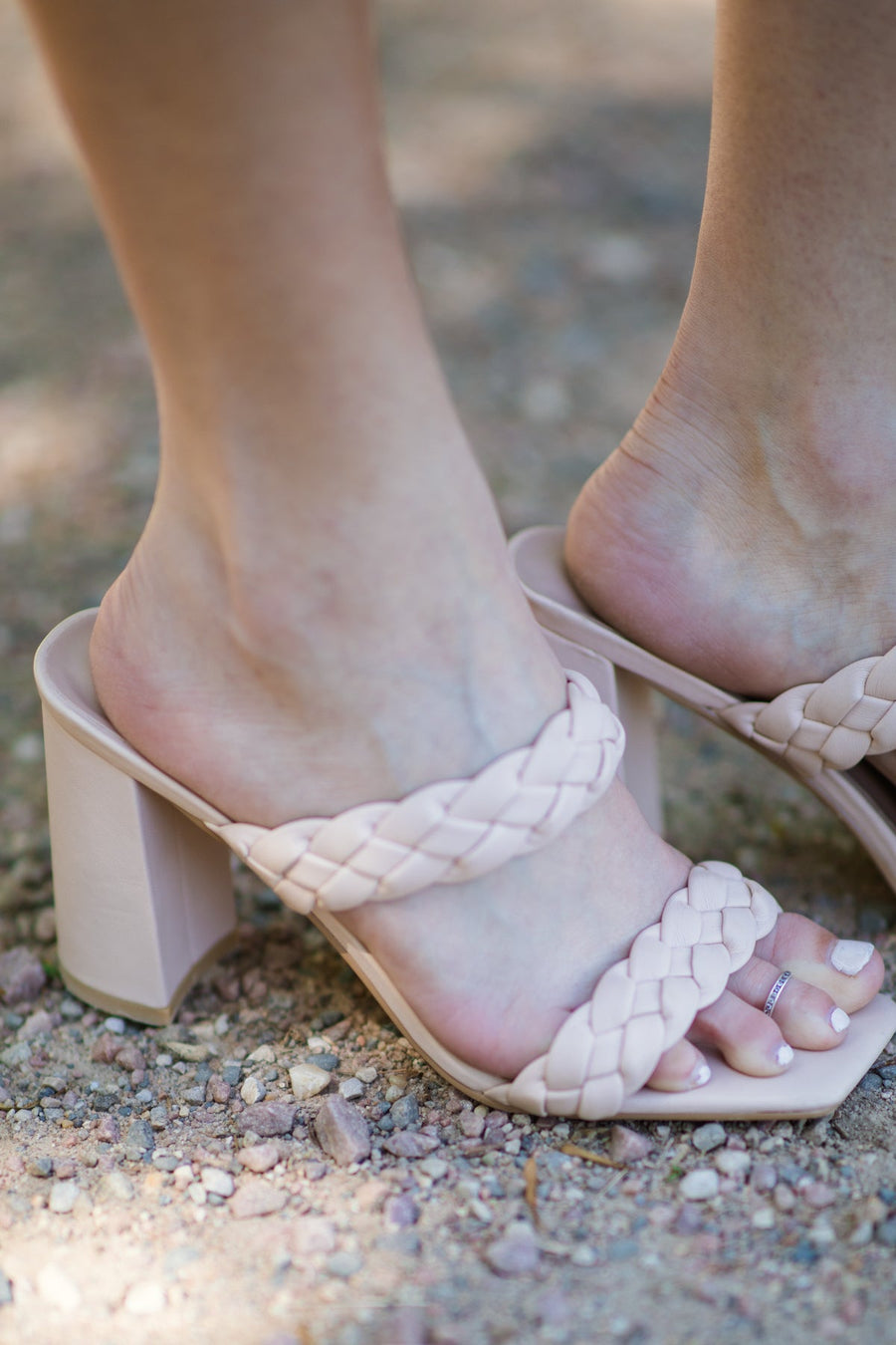 Beige Braided Strap Square Top Block Heels - Filly Flair