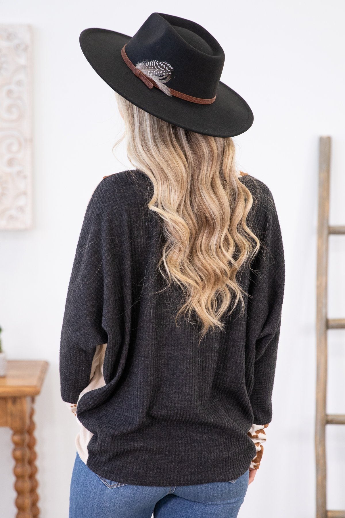 Tan and Black Colorblock Top with Cow Print - Filly Flair