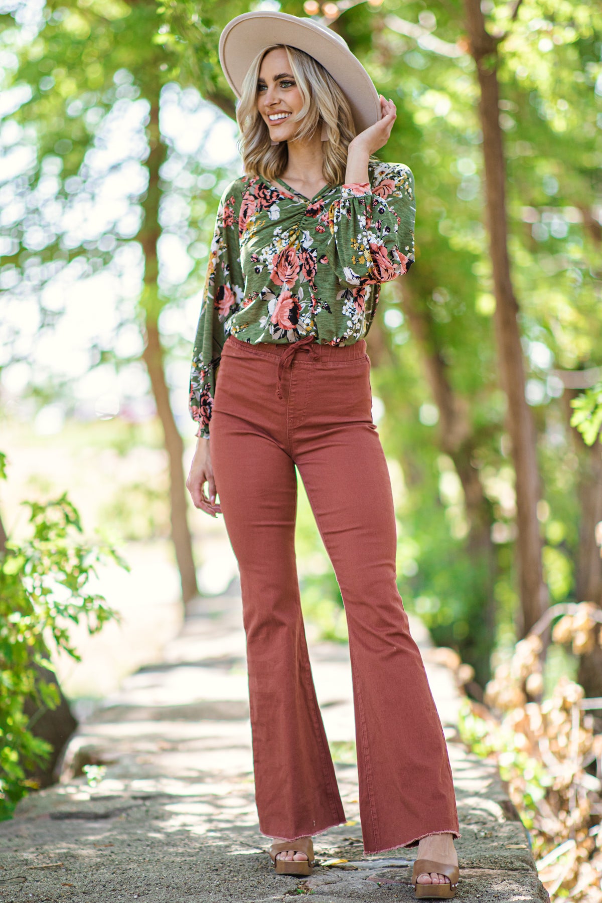 YMI Rust Drawstring Waist Flare Jeans - Filly Flair