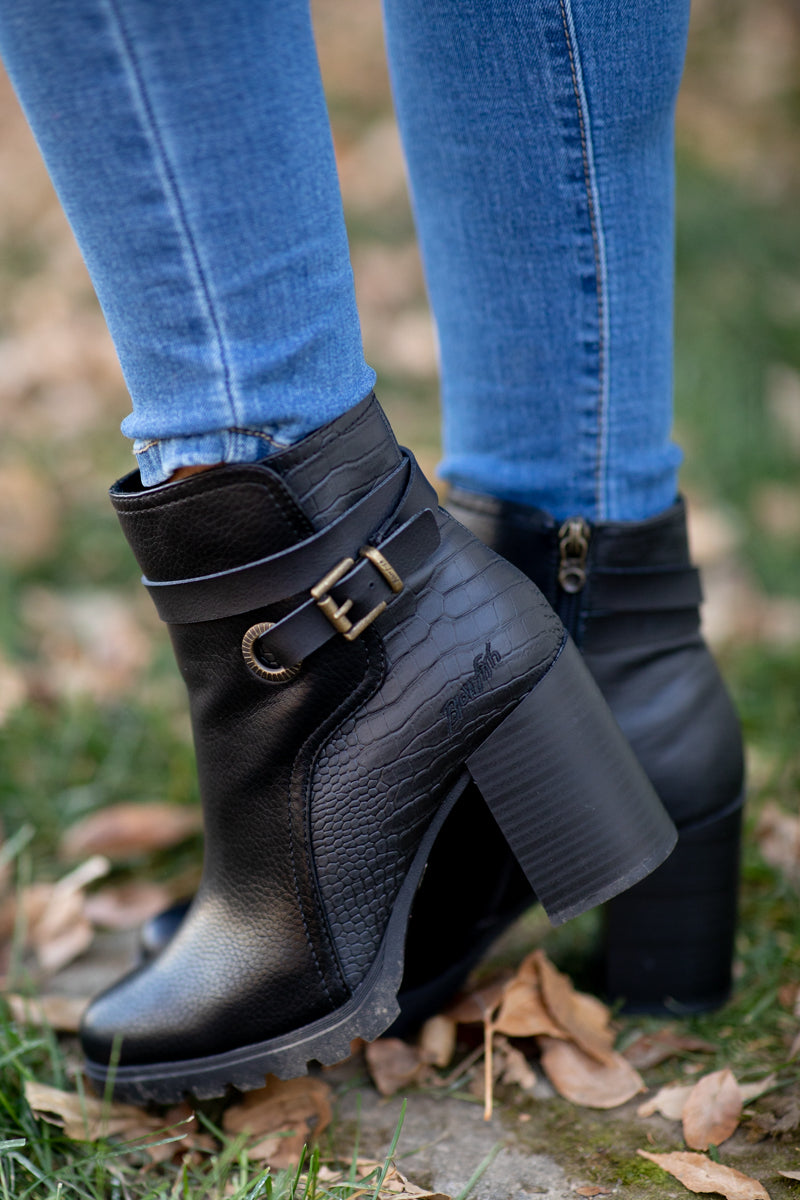 Black Buckle Detail Tall Booties - Filly Flair