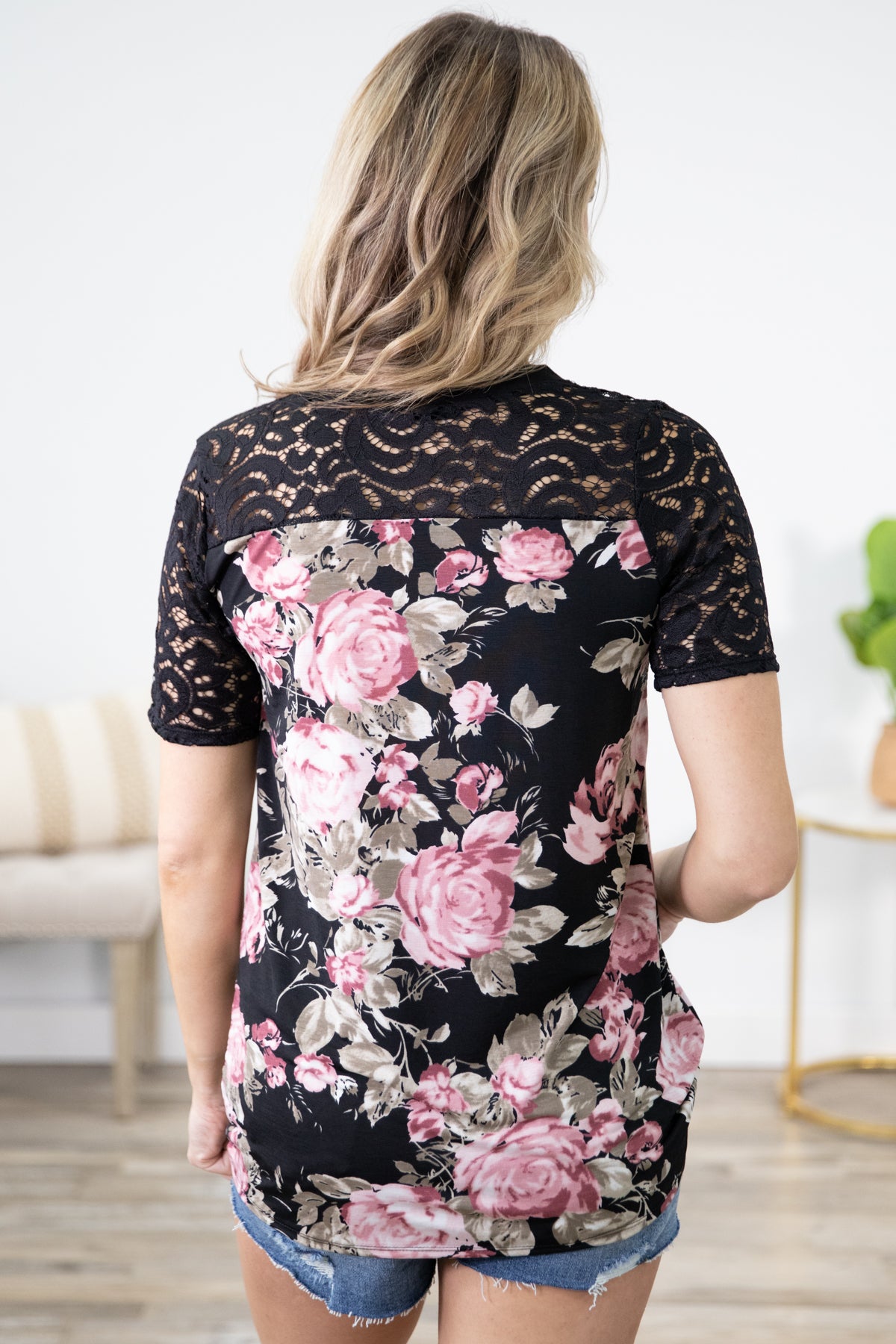 Black and Pink Lace Sleeve Floral Print Top - Filly Flair
