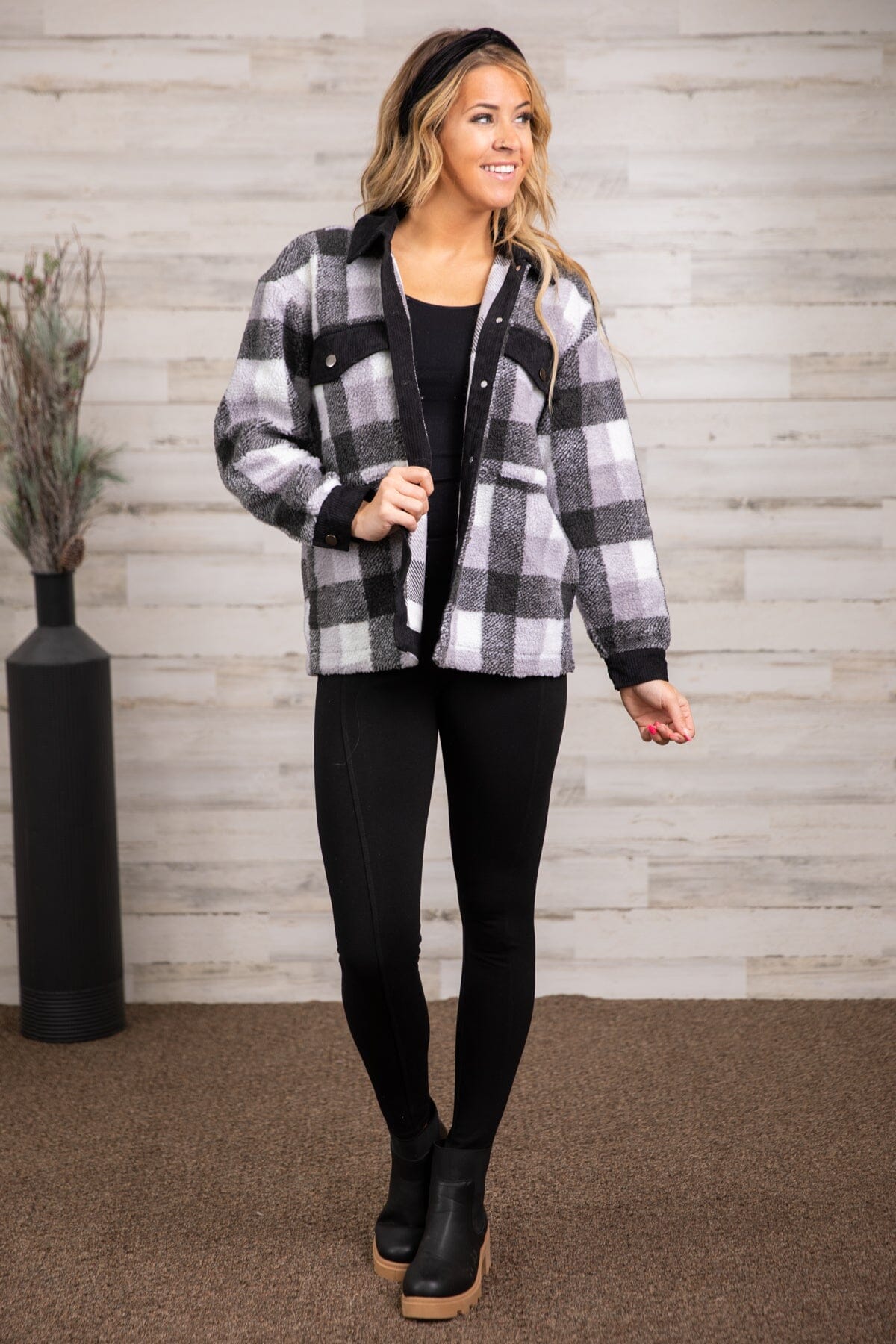 Black and Grey Plaid Sherpa Jacket - Filly Flair