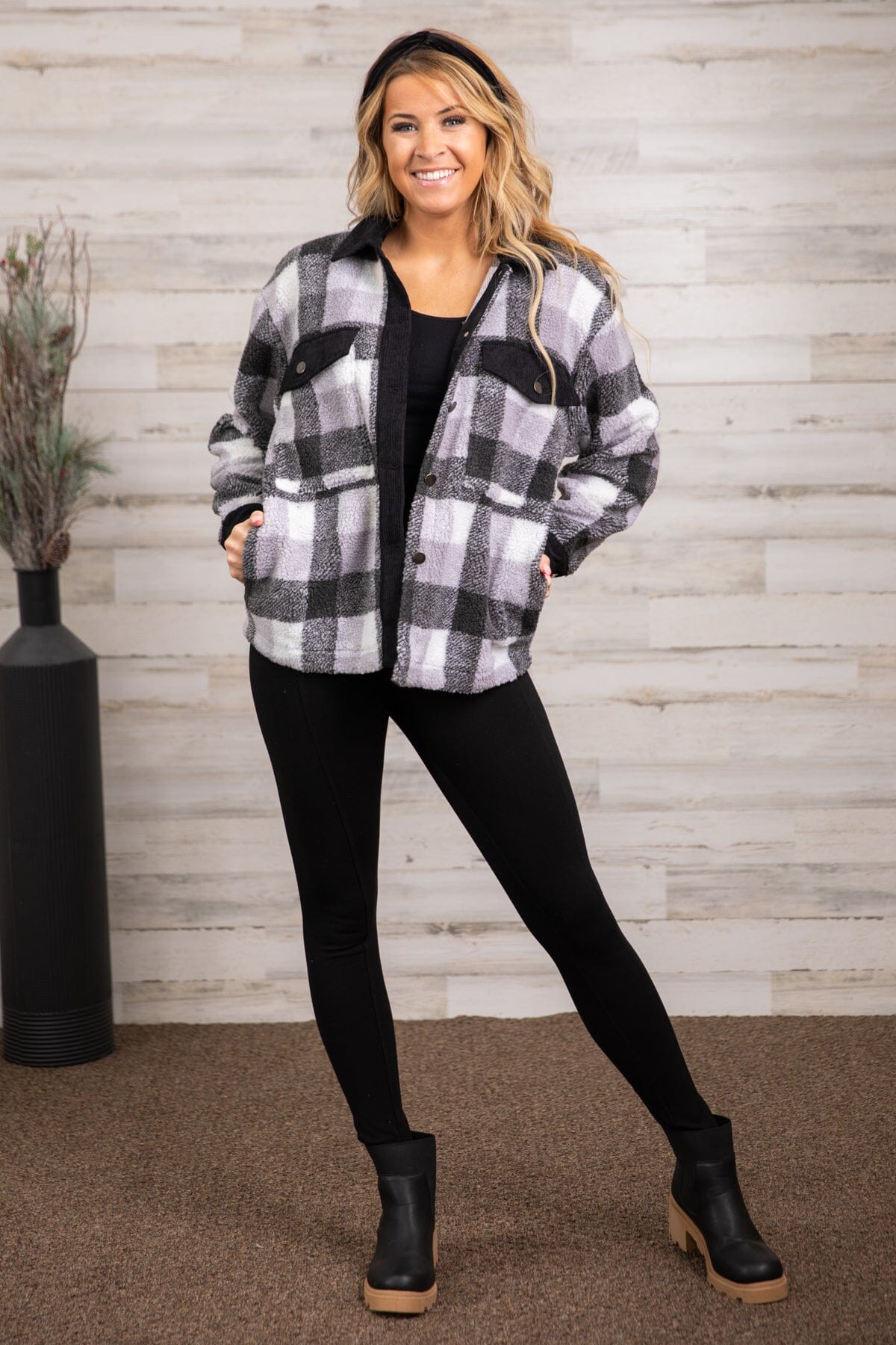 Black and Grey Plaid Sherpa Jacket - Filly Flair