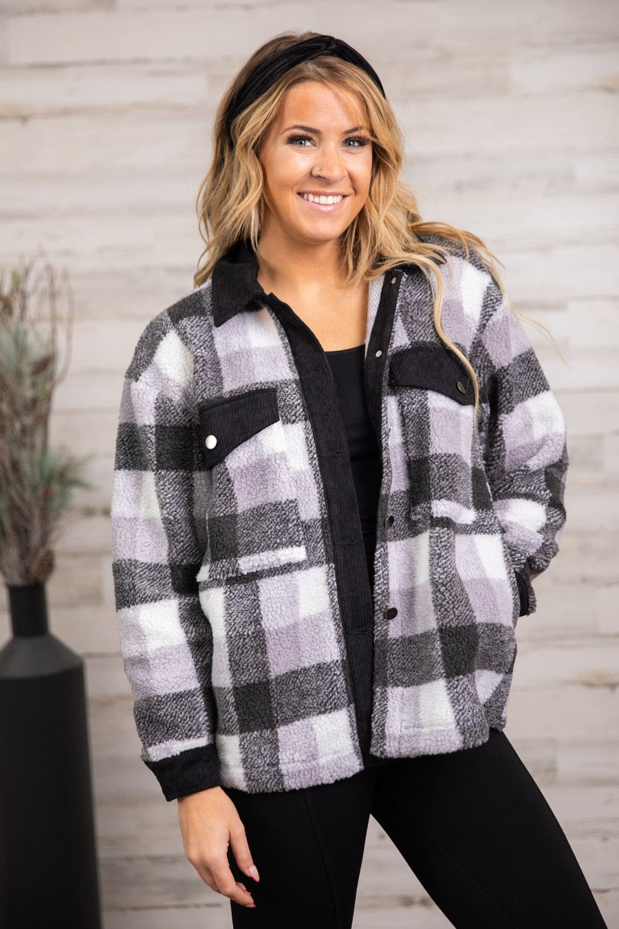 Black and Grey Plaid Sherpa Jacket - Filly Flair