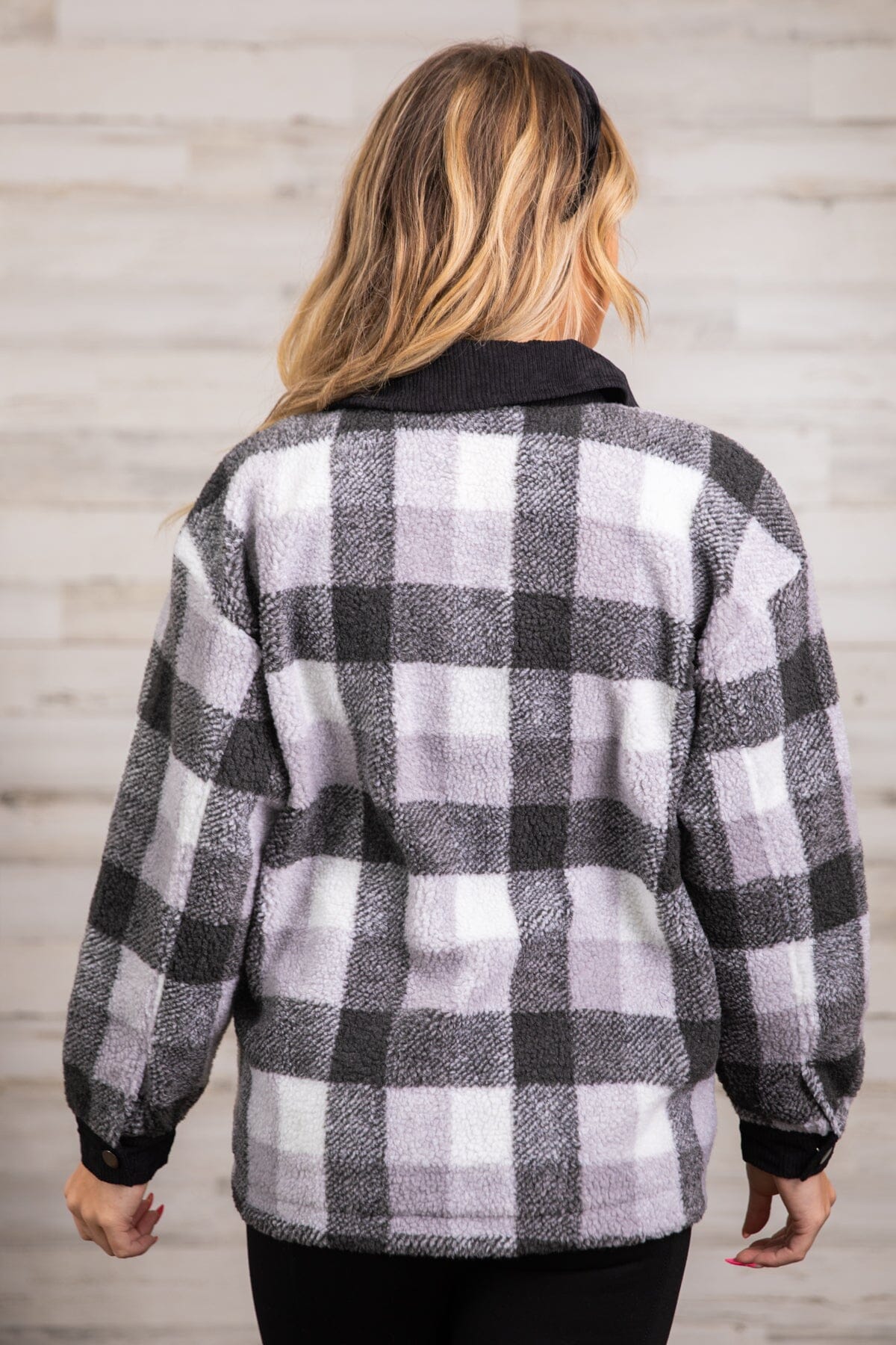 Black and Grey Plaid Sherpa Jacket - Filly Flair