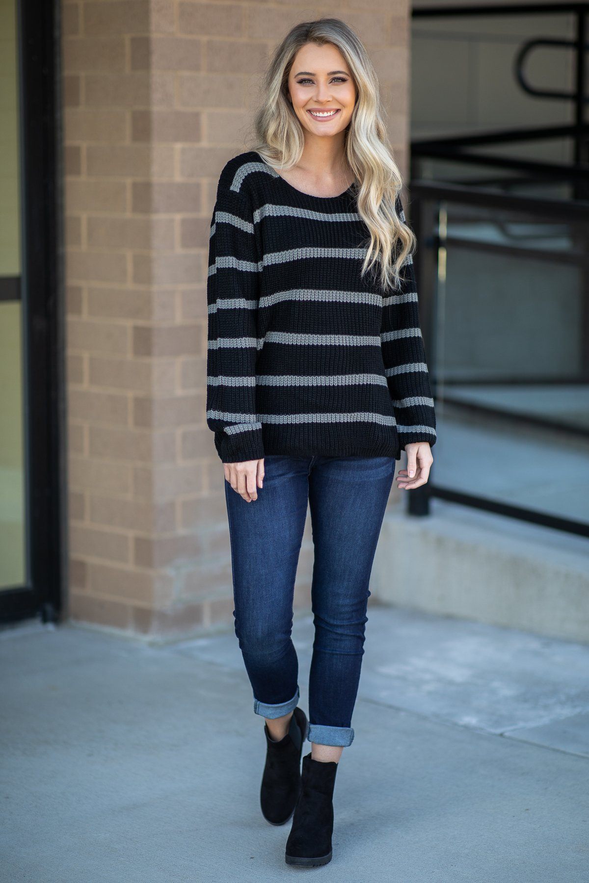 Black and Grey Striped Long Sleeve Sweater - Filly Flair