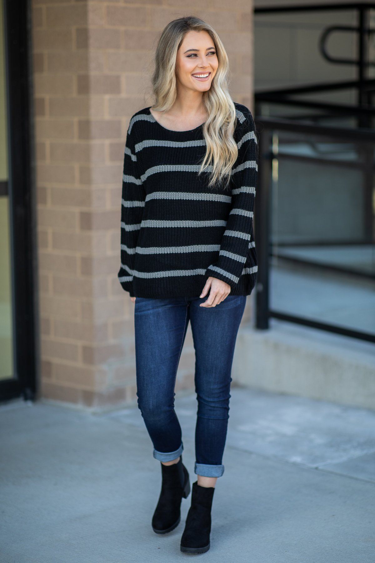 Black and Grey Striped Long Sleeve Sweater - Filly Flair