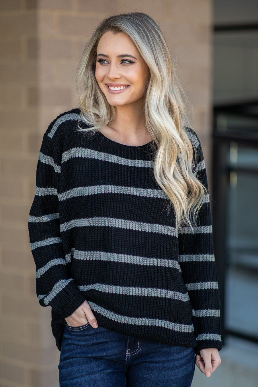 Black and Grey Striped Long Sleeve Sweater - Filly Flair
