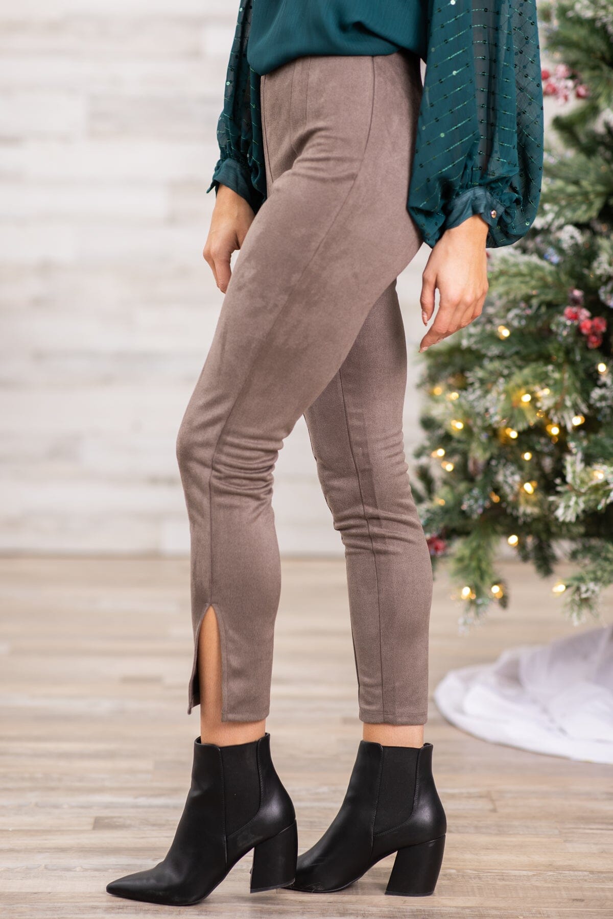 Taupe Faux Suede Side Zip Pants - Filly Flair