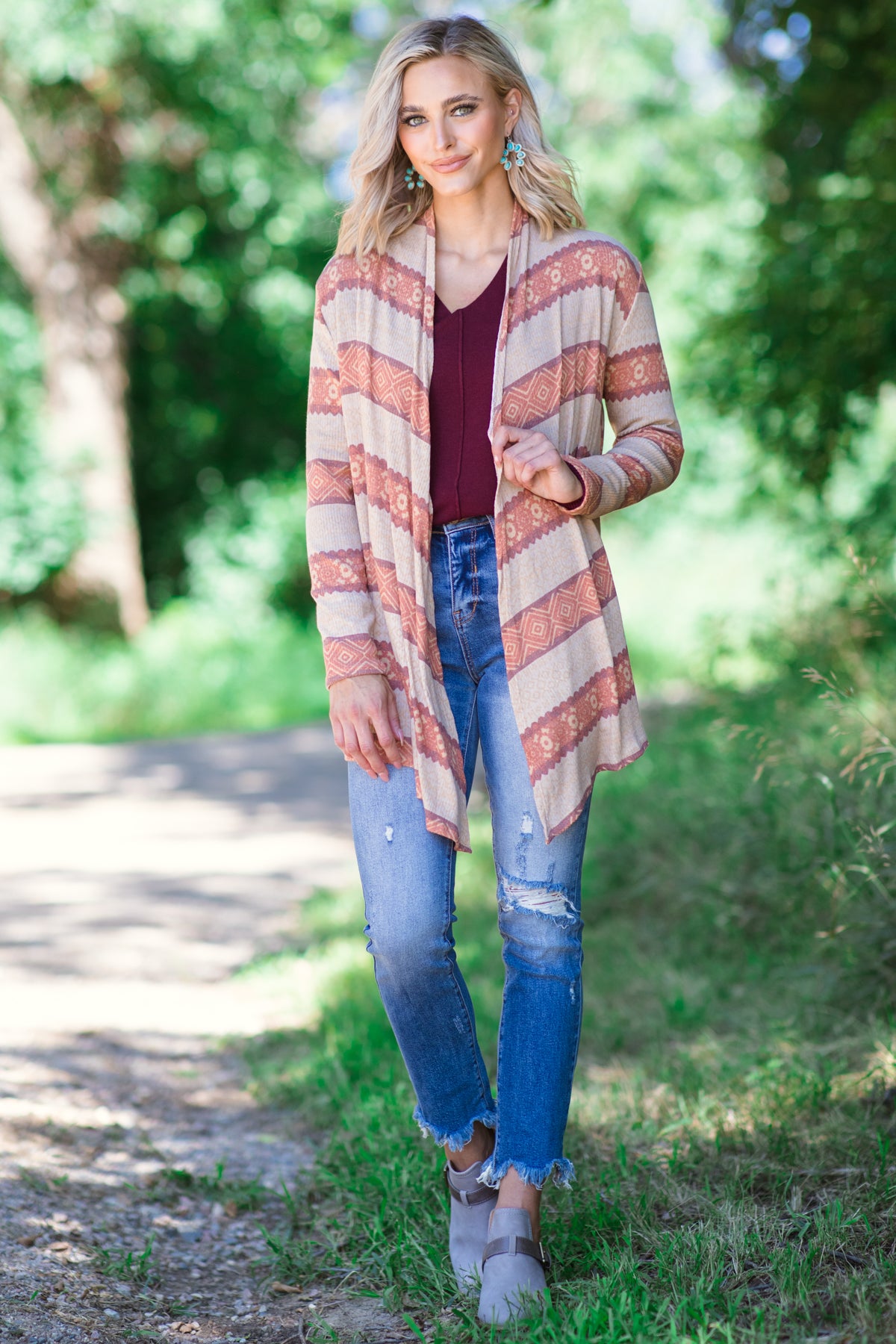 Orange and Beige Aztec Stripe Cardigan - Filly Flair