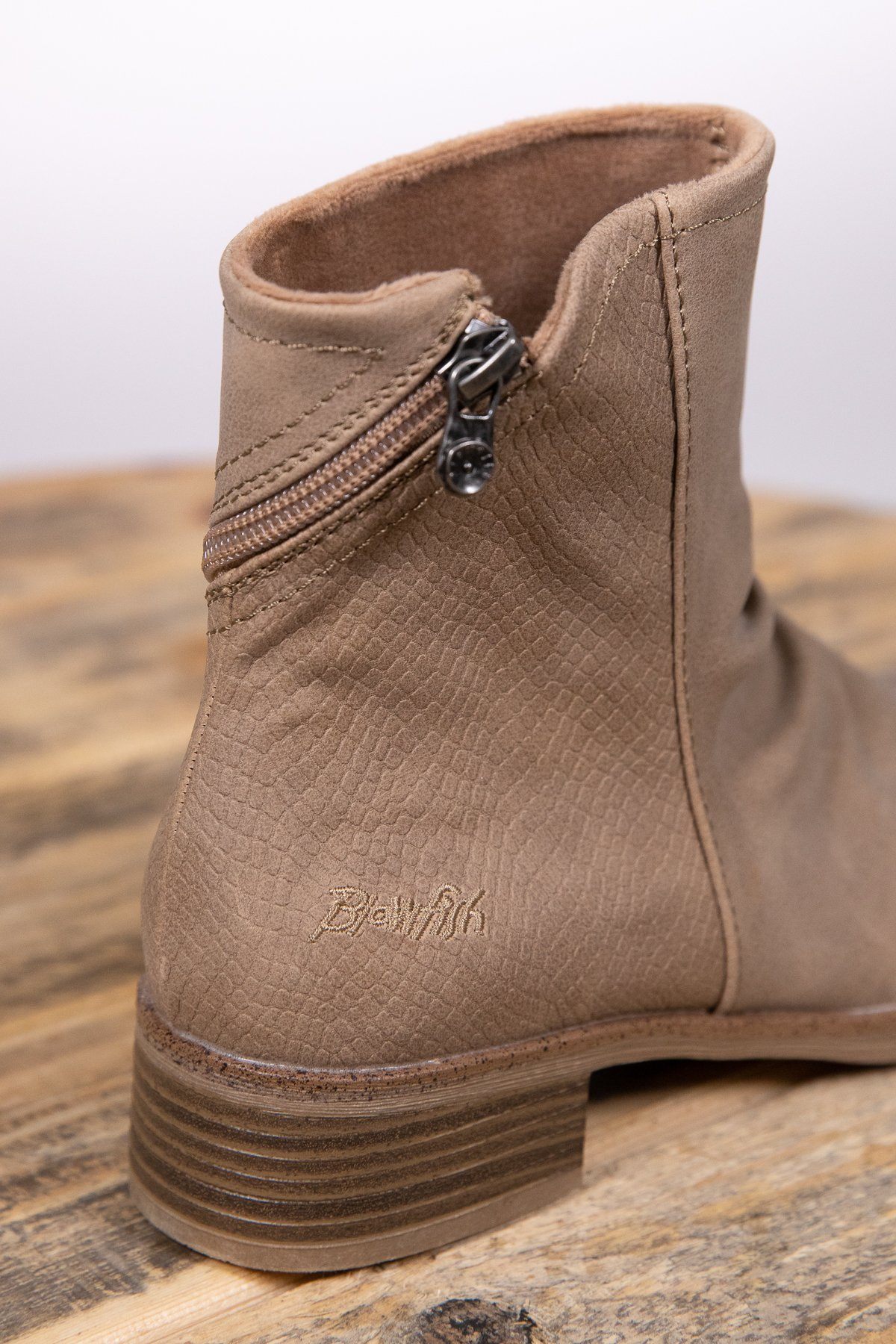 Taupe Snakeskin Texture Back Zip Boot - Filly Flair